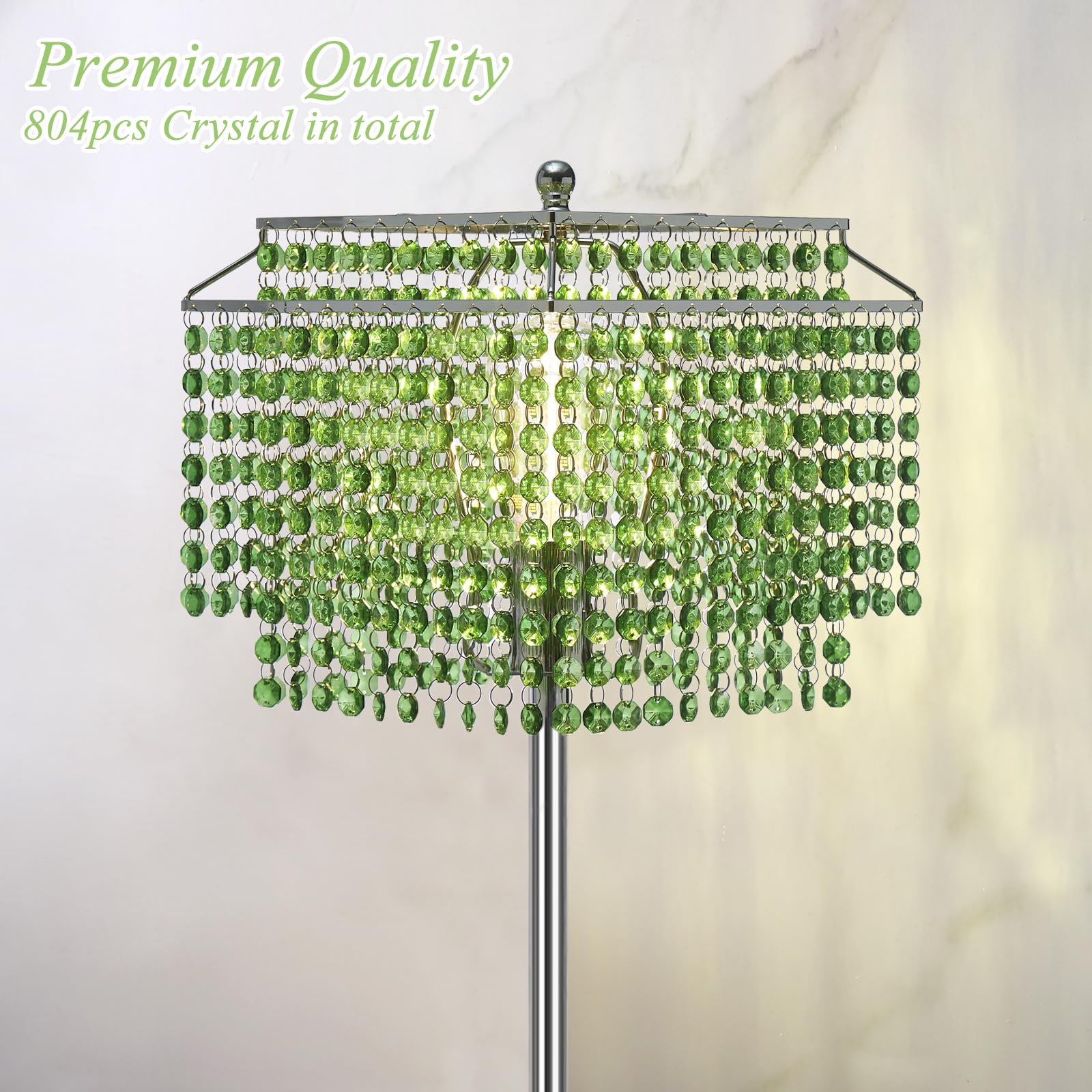 Crystal Floor Lamp, 64'' Tall Elegant Standing Lamp With On-Off Foot Switch, Silver Lamp With Green Double-Layer Crystal Lampsha