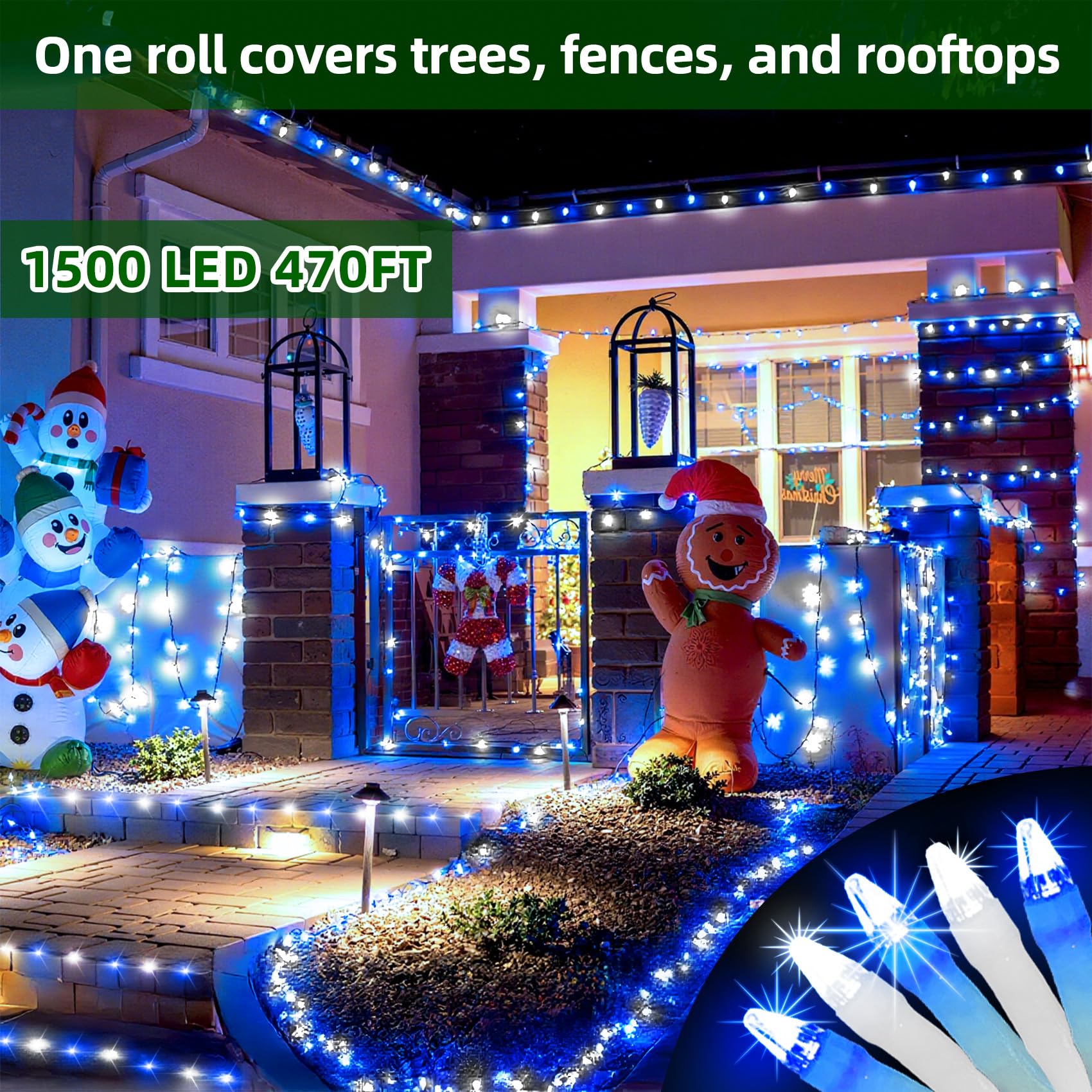 1500 Led Chrstmas Lights  470Ft Outdoor Christmas String Lights With 12 Modes  Blue Cool White Led String Lights With Timer Dimmable Waterproof For Tree Fence Xmas Wedding Party Decor Blue&Cool White