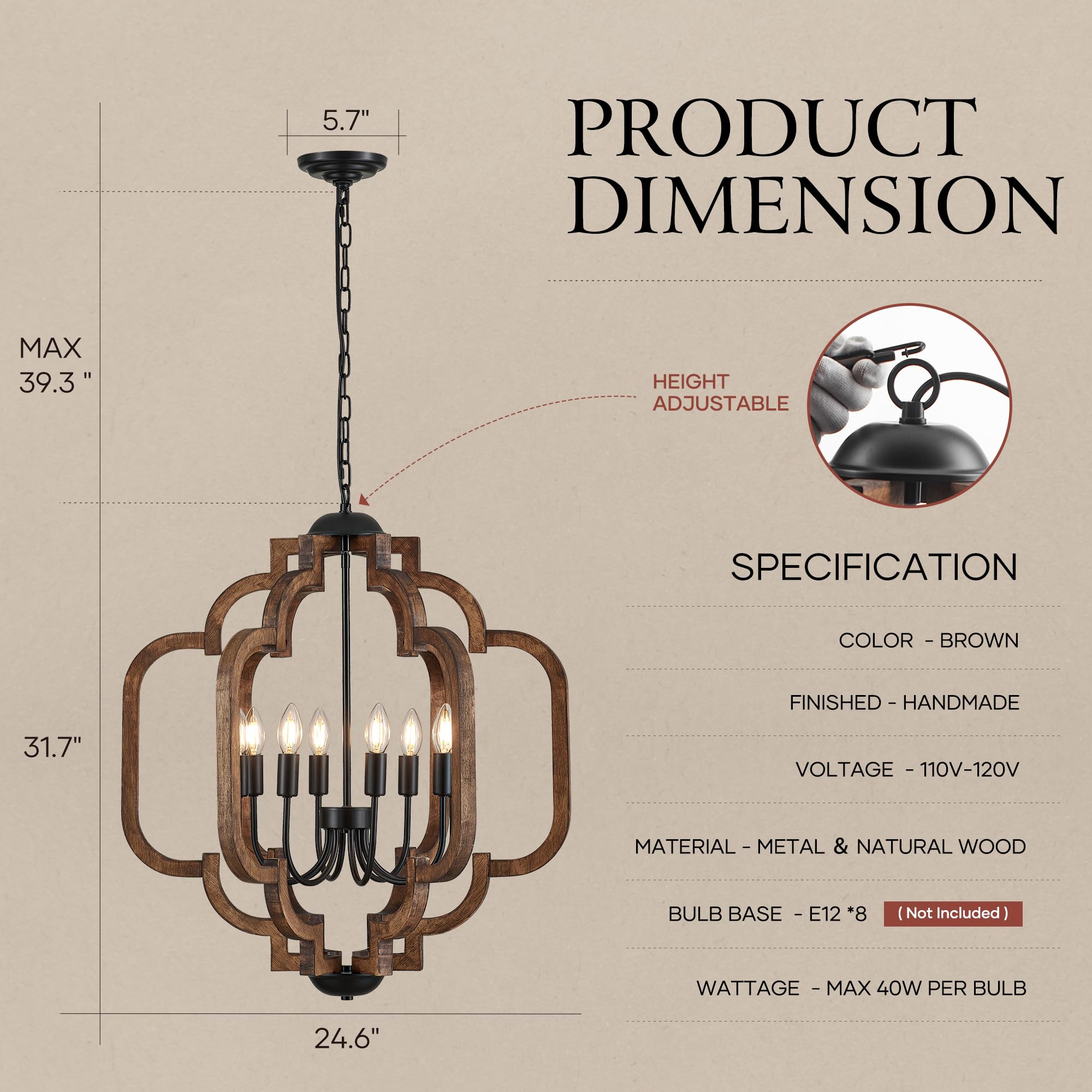 Lighceac 24.6'' Farmhouse Vintage Chandelier 8-Light For Dining Room Rustic Handmade Wood Hanging Ceiling Pendant Light Fixture