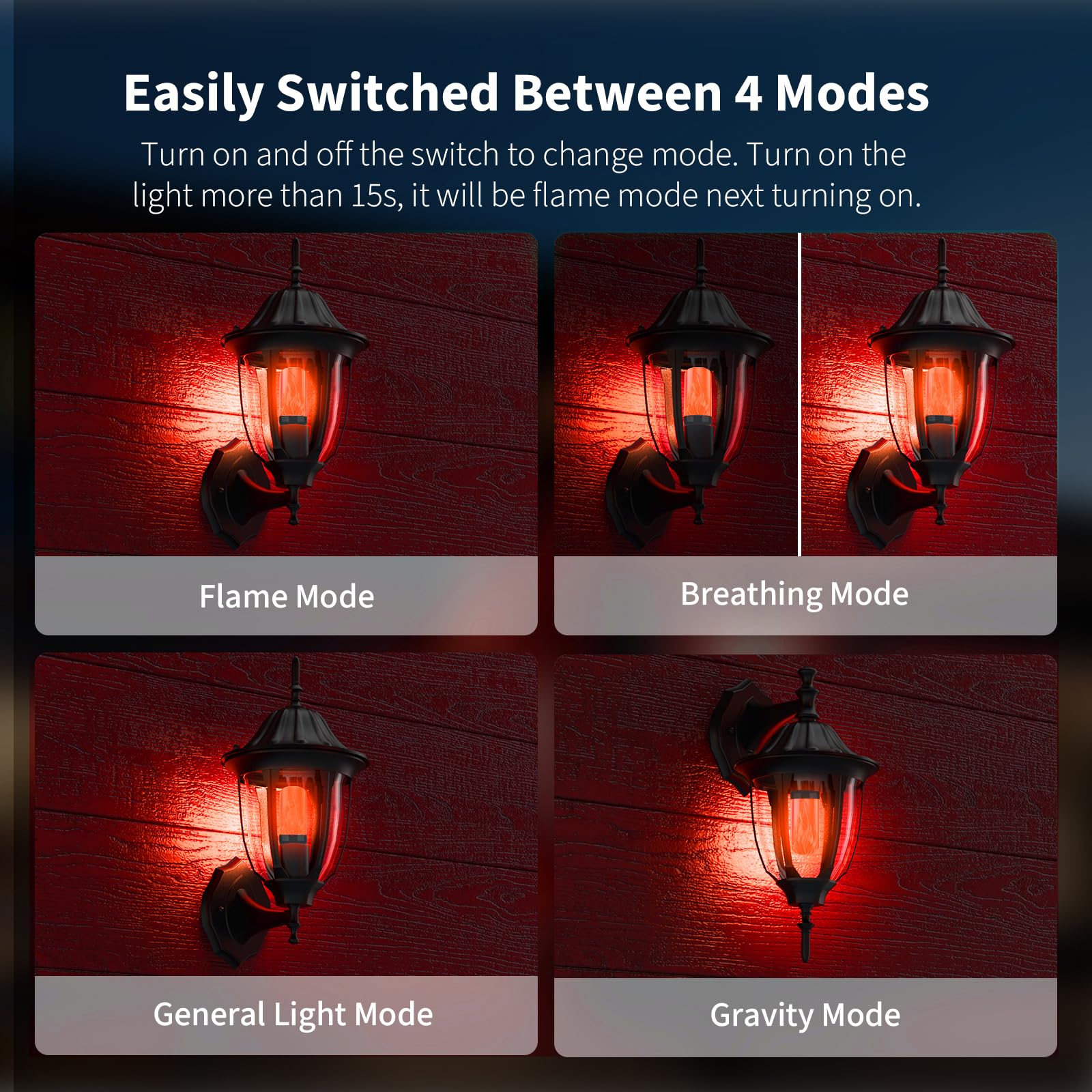 Morsatie LED Flame Light Bulbs, 4-Mode Flickering, E26, 4 Pack, Red, Model MSFLSB4-RED-B4, Indoor Outdoor Decoration