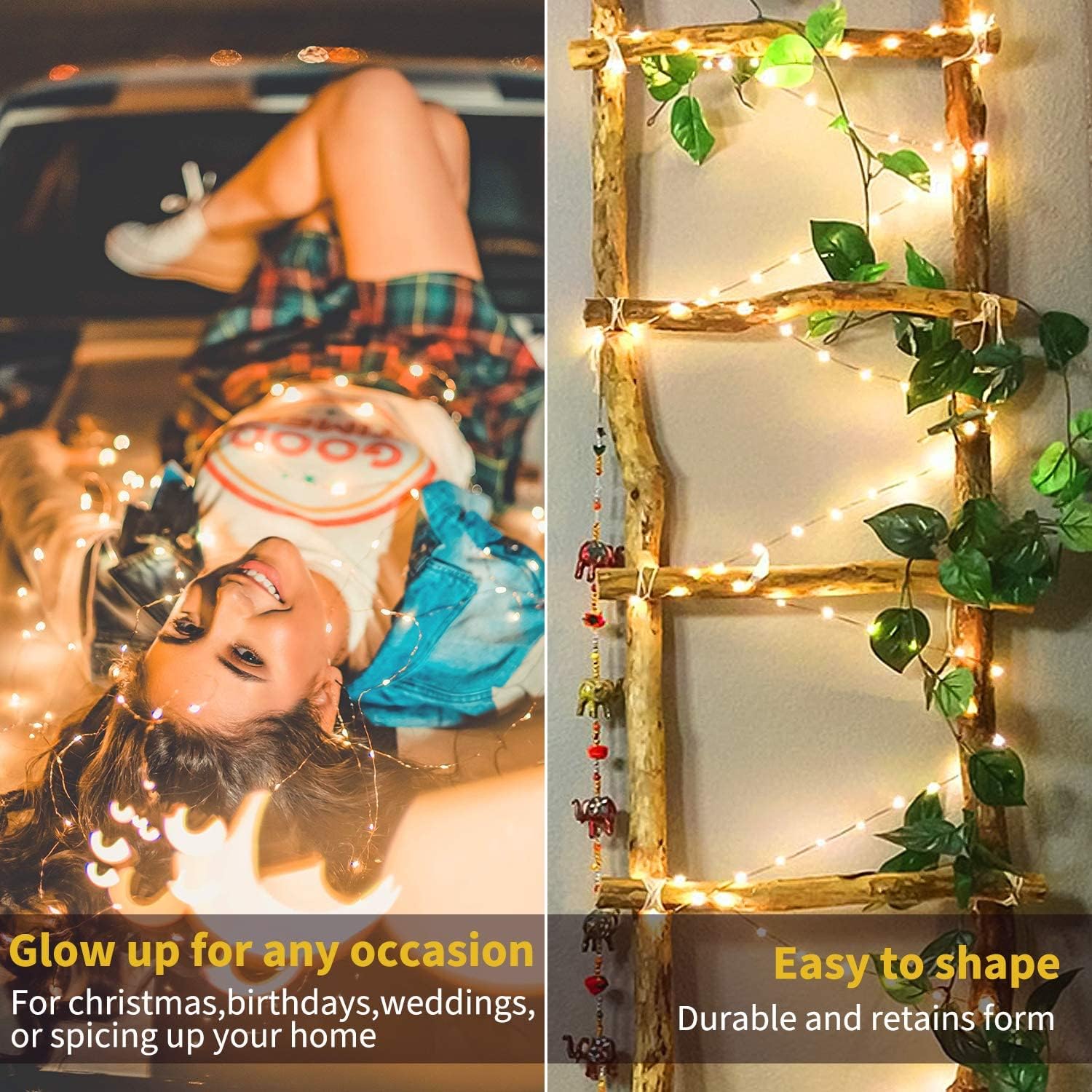 2Pack Fairy Lights Plug In, 33Ft 100 Leds Waterproof Silver Wire Firefly Lights, Adaptor Included, Starry String Lights For Wedding Indoor Outdoor Christmas Patio Garden Decoration, Warm White