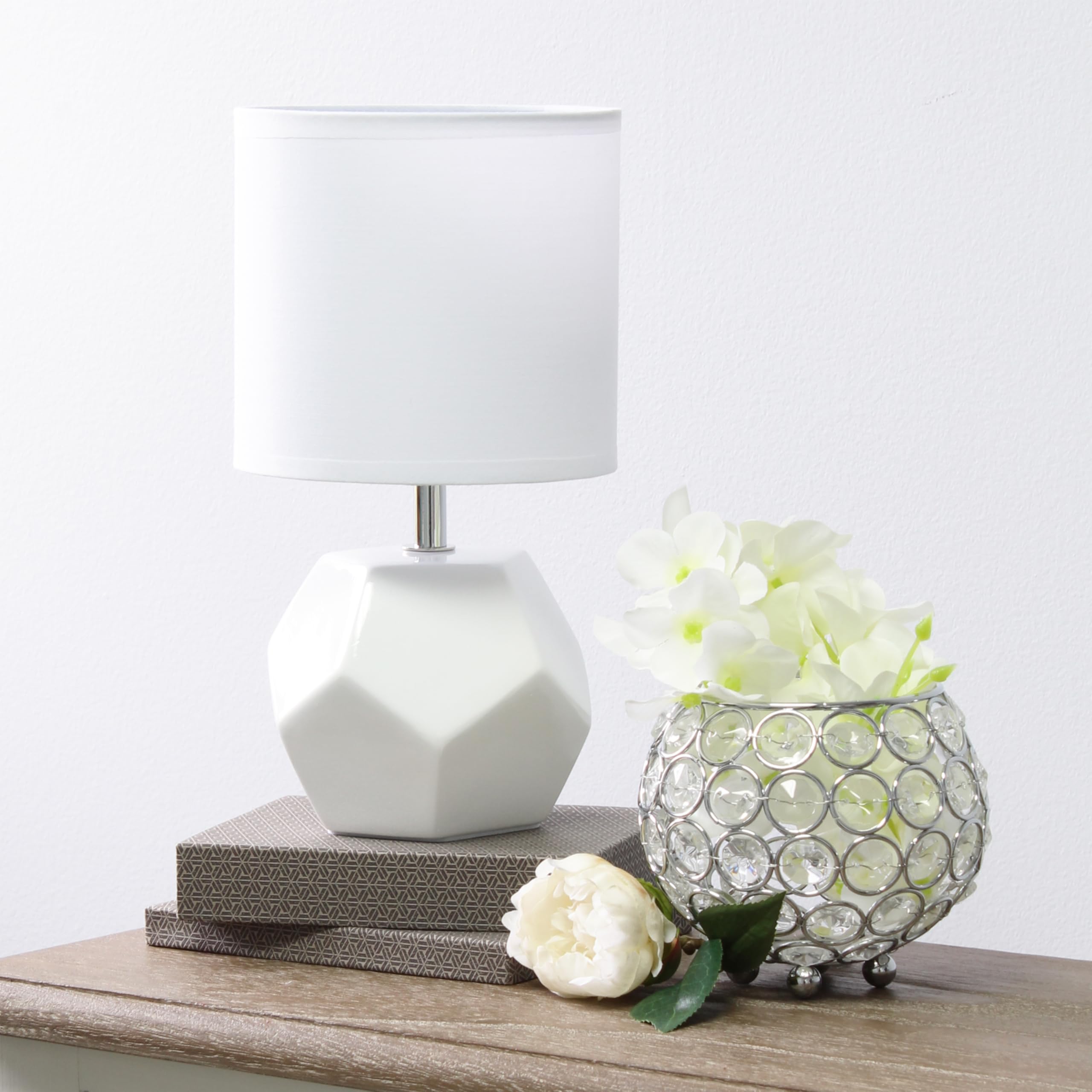 Simple Designs Lt2065-Wht-Lb 10.24'' Round Geometric Prism Mini Table Lamp With Matching Fabric Shade, Led Bulb Included, White