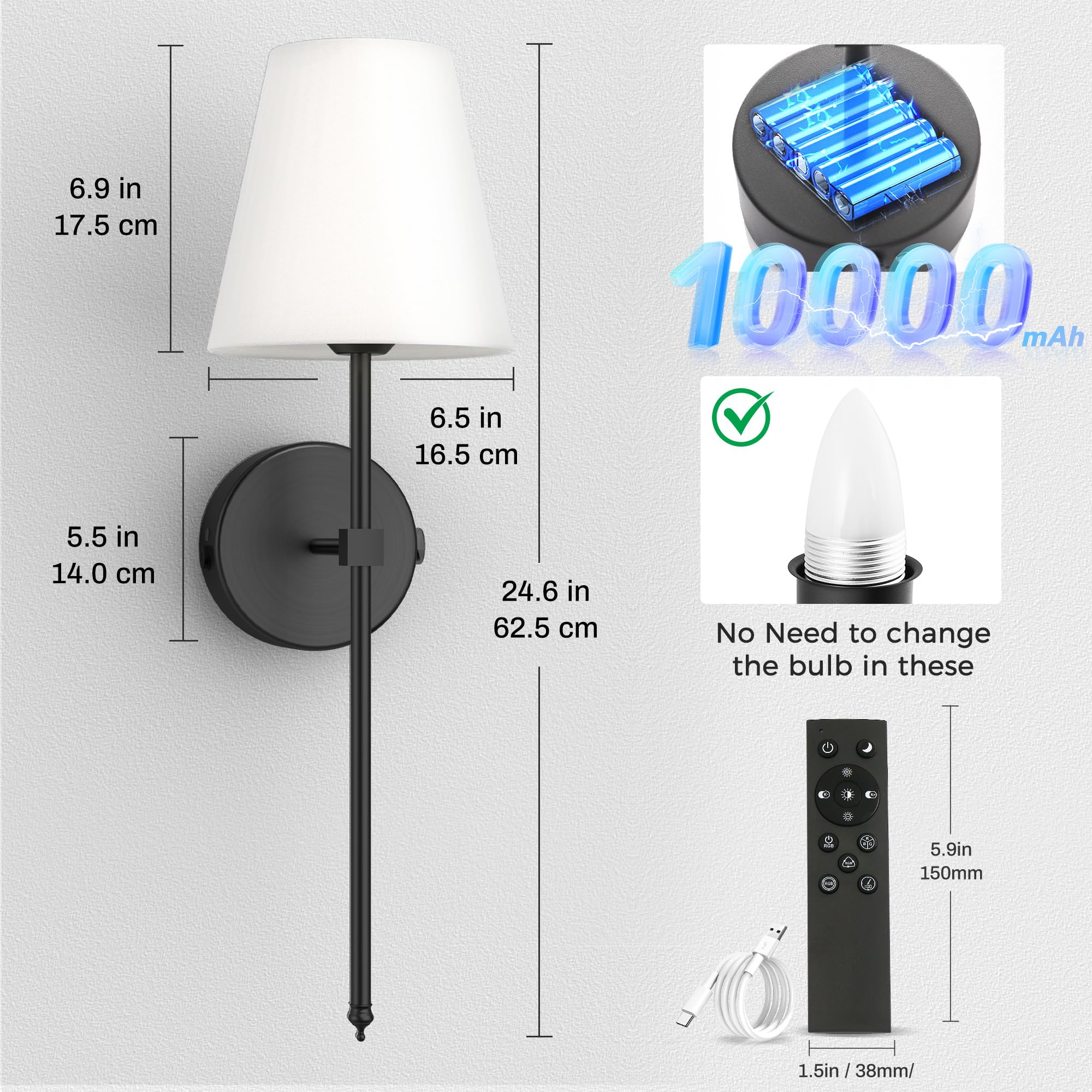 DORESshop Battery Operated Wall Sconce Set of Two, Rechargeable 10000mAh, Dimmable, 25 Inch, Black Metal