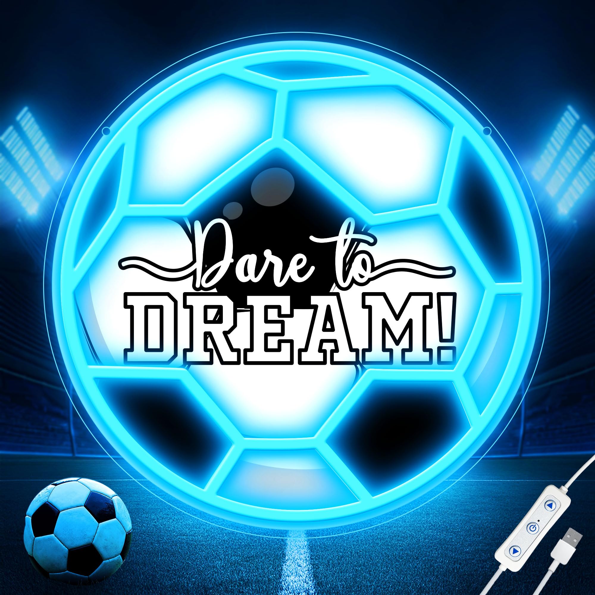 CULOIS Soccer Neon Sign - Dimmable LED Wall Decor, Ice-Blue Acrylic, USB Powered, Ideal for Kids Room and Holiday Gifts