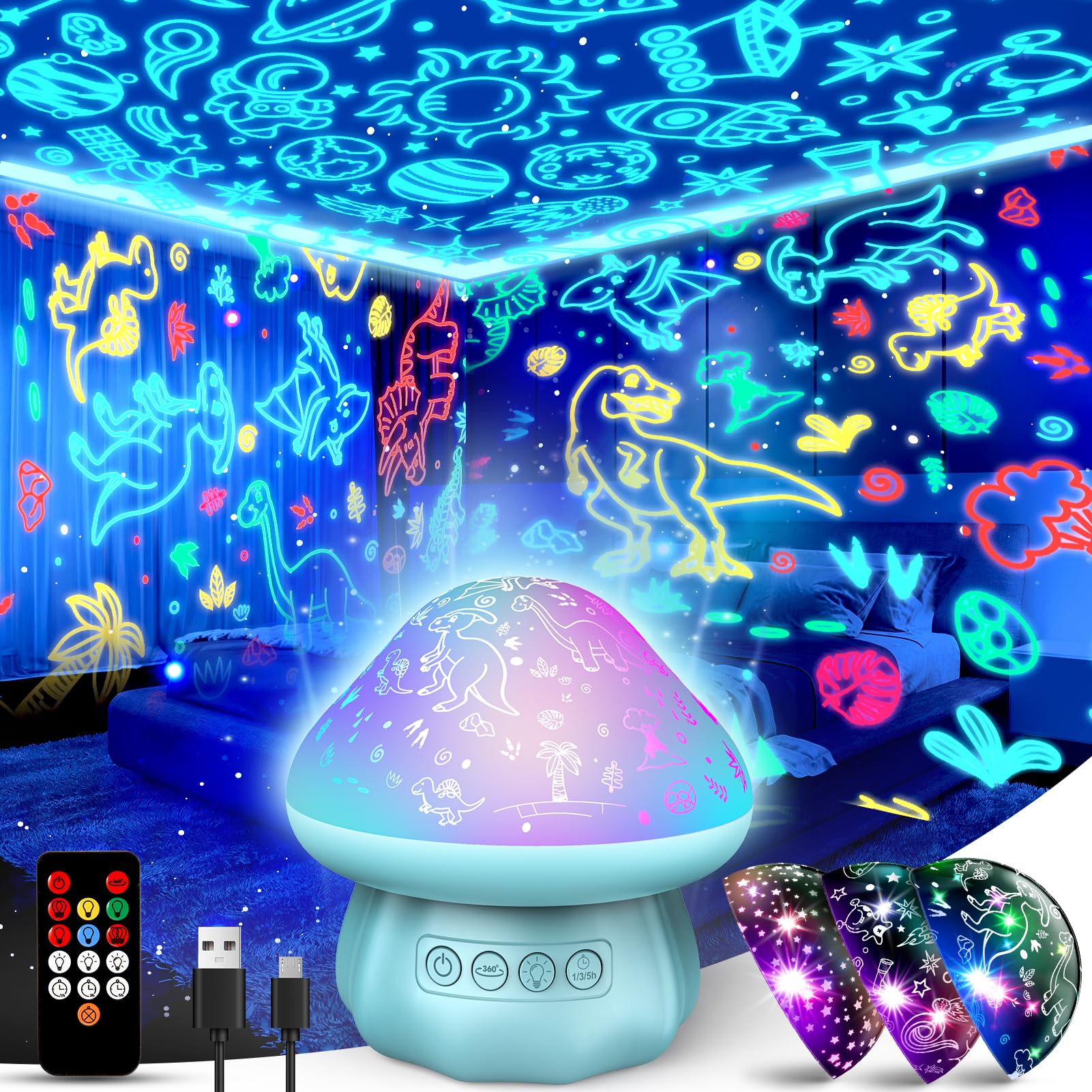 Devrnez Dinosaur Night Light Projector For Kids, Blue Star Universe Lamp With Remote, Ages 3-12