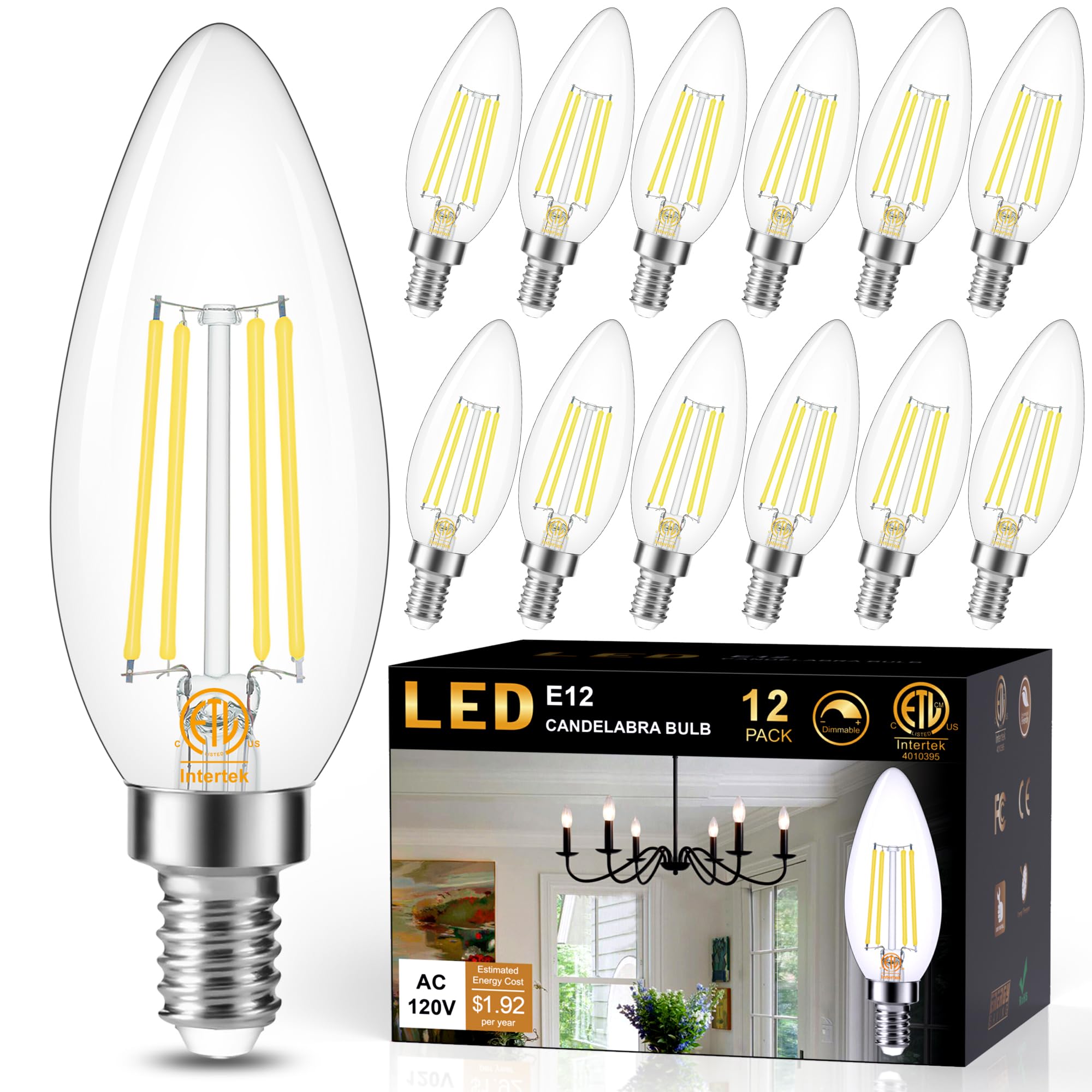 Cotanic Dimmable E12 LED Candelabra Bulb 4000K Daylight, Ceiling Fan Light Bulbs Small Base,60W Equivalent,Type B Bulb for Chandelier,Vintage B11 LED Candle Shape with Clear Glass,600LM,12 Pack
