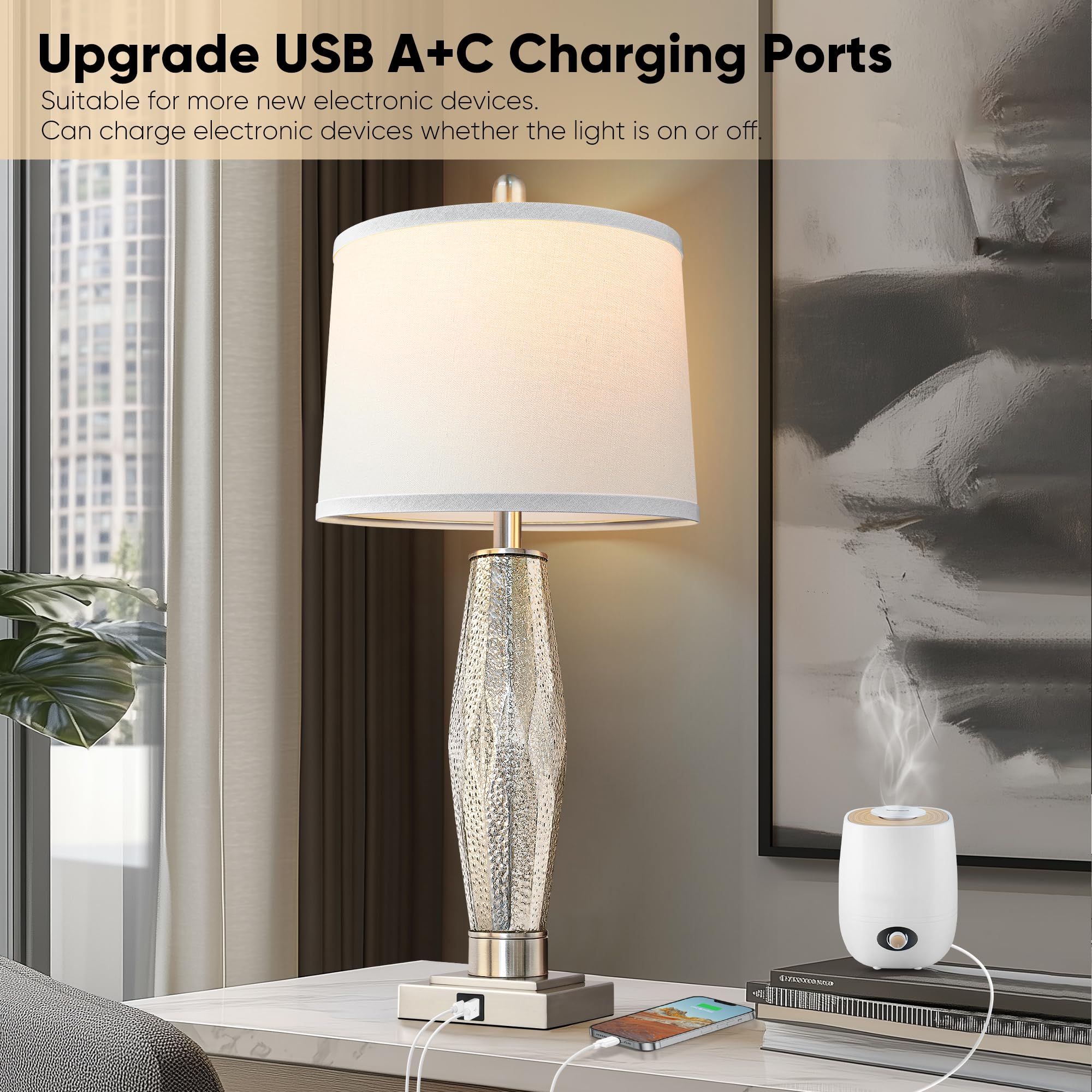 Qimh Table Lamps Set Of 2, Bedroom Lamp With Usb A+C Charging Ports, Modern Beside Lamps For Living Room With White Shade Rotary