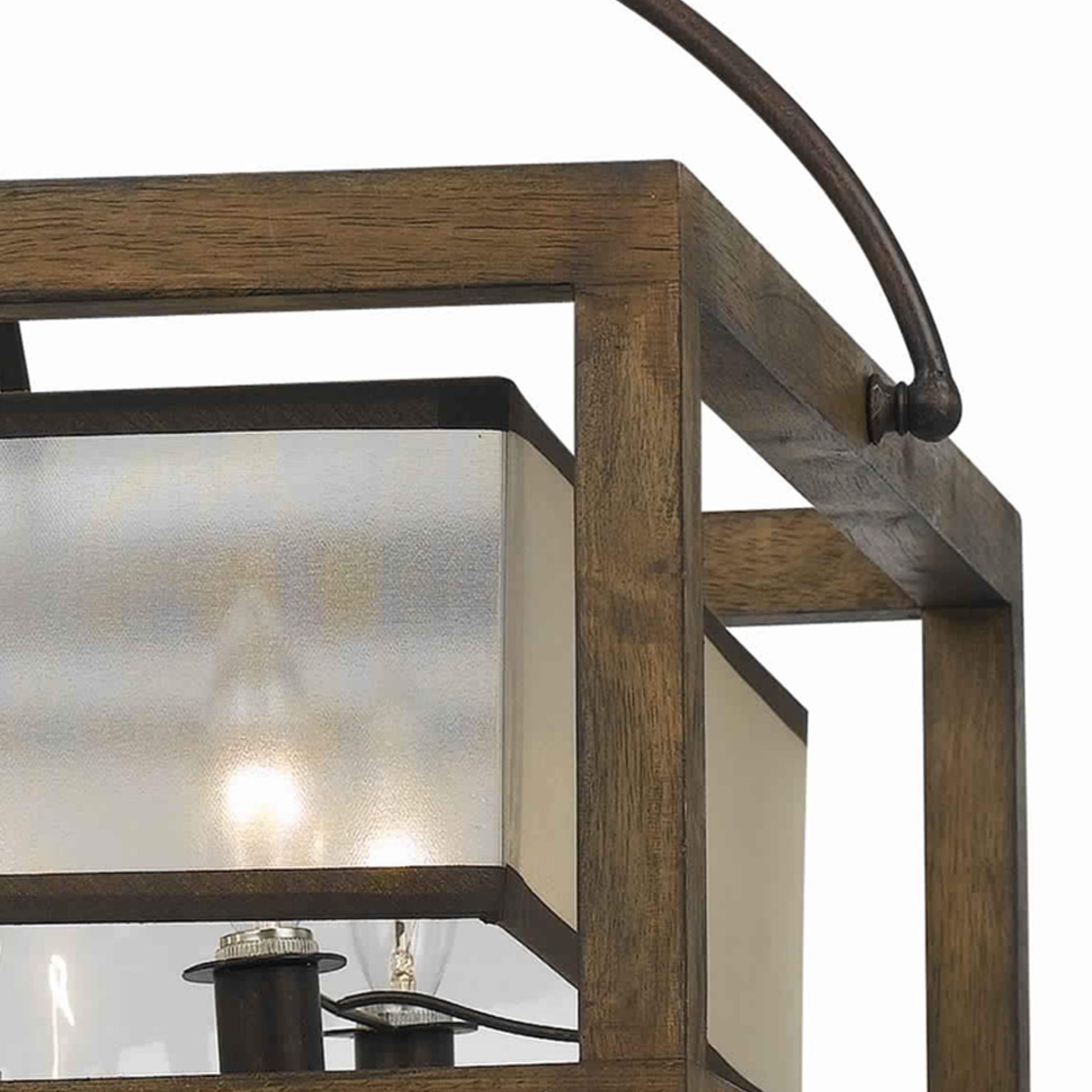 Benjara 6 Bulb Square Chandelier With Wooden Frame And Organza Striped Shade, Brown