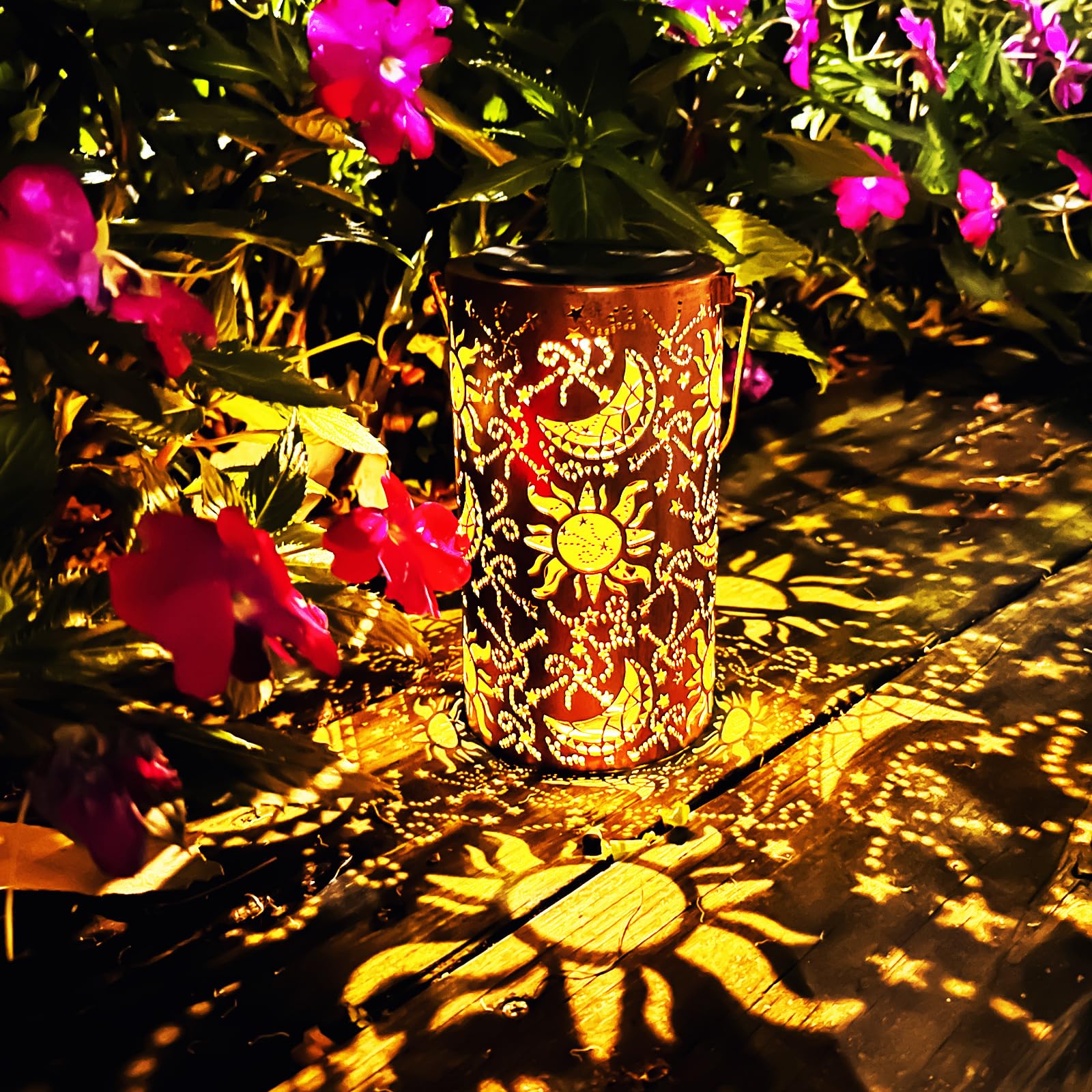 Solar Lanterns Outdoor Hanging Lantern Lights,Sun Moon Metal Decor Lanterns-Waterproof Led Decorative Light For Garden Patio Yar