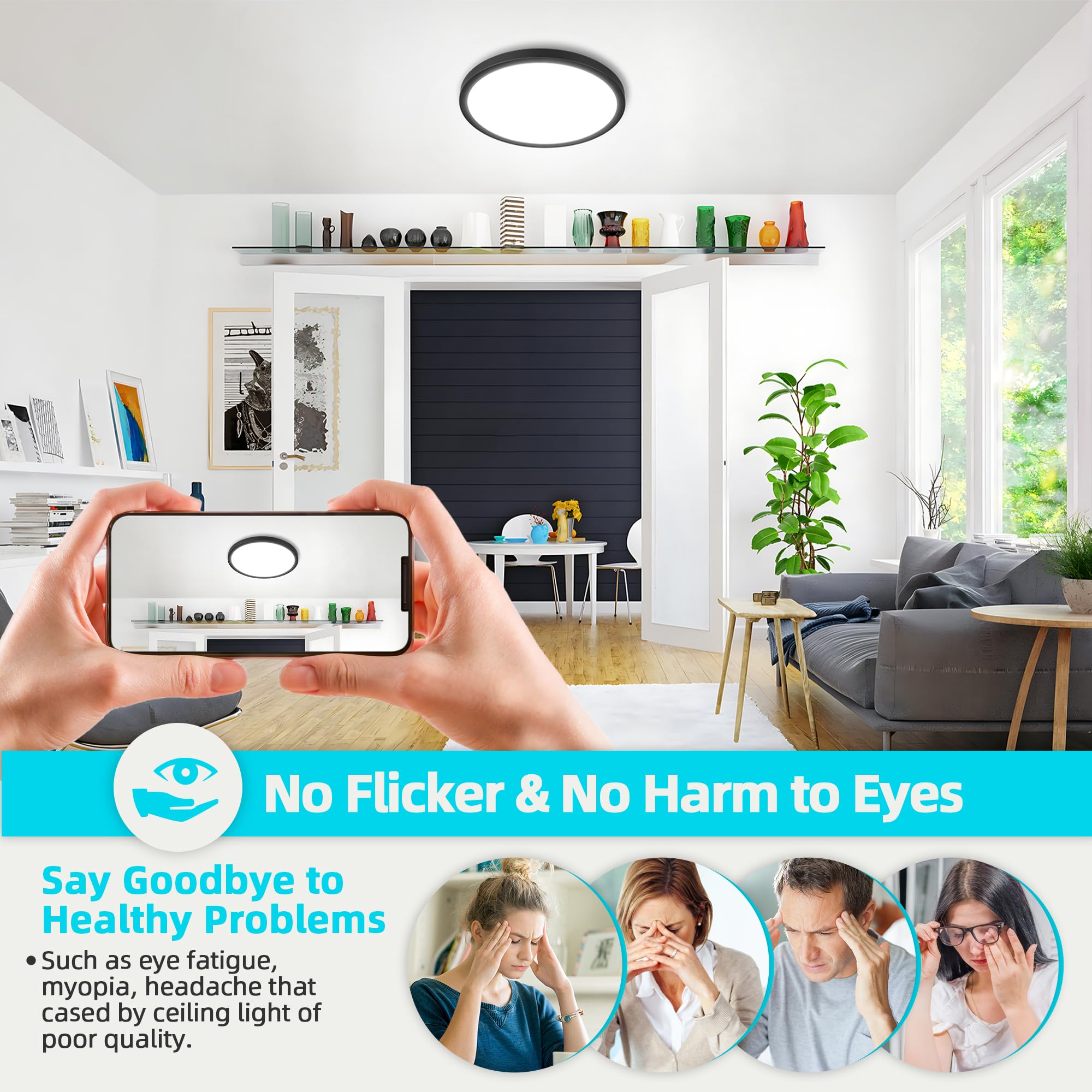 Sunrider 4-Pack Flush Mount Led Ceiling Light, 12 Inch 20W Dimmable 5Cct Selectable 2700K-6000K Daylight White, 2000Lm, 200W Equ