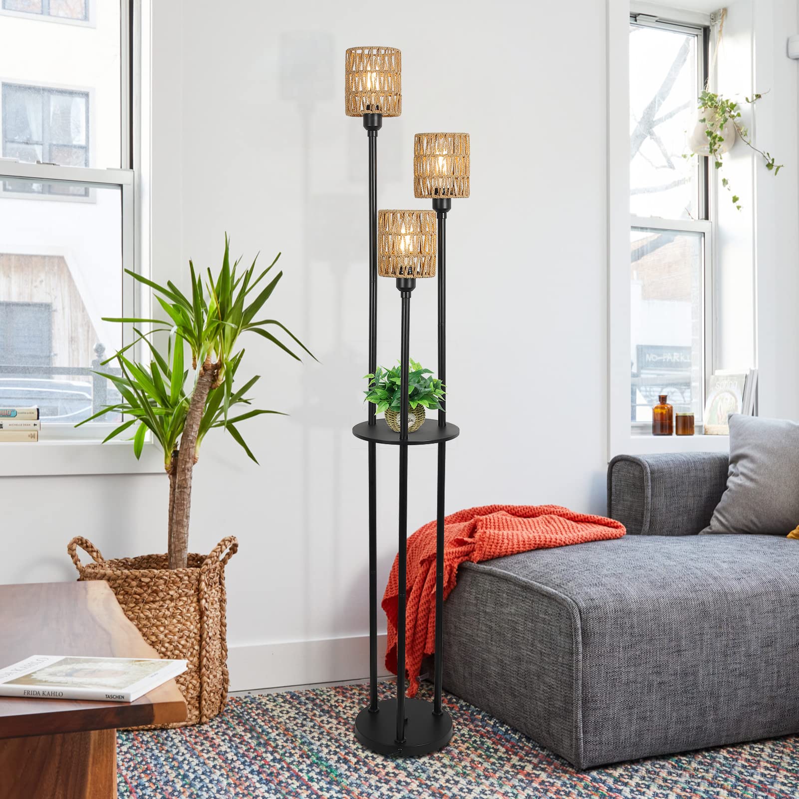 Stepeak Boho Floor Lamp - 3-Light Rustic Standing Lamp With Rattan Shades, Black - Model 221105A1 For Living Room, Bedroom, Office