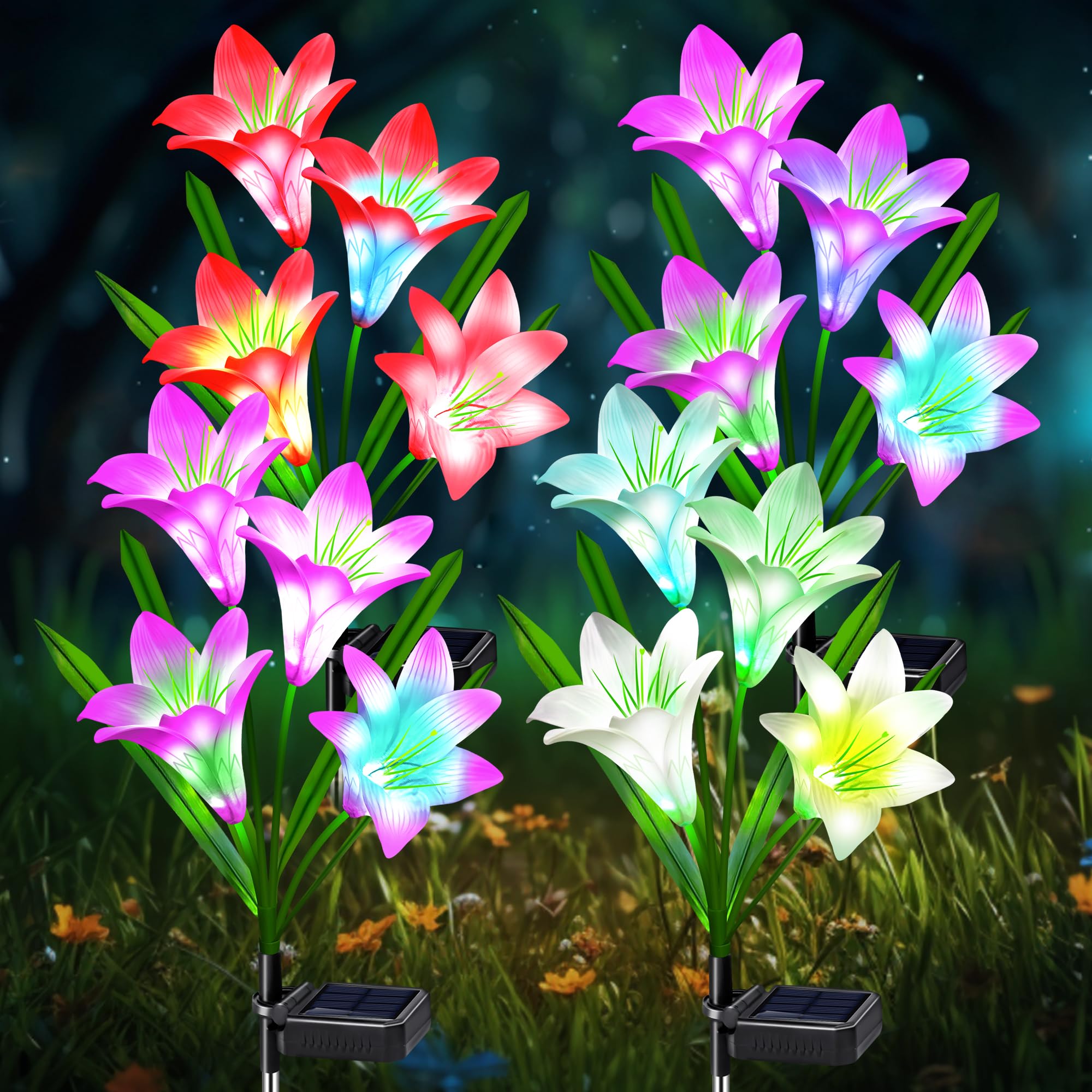 Ostritec Solar Lights Outdoor, 4 Pack Multi-Color Lily Flowers for Garden Decor, Waterproof, Model NewLily4pack
