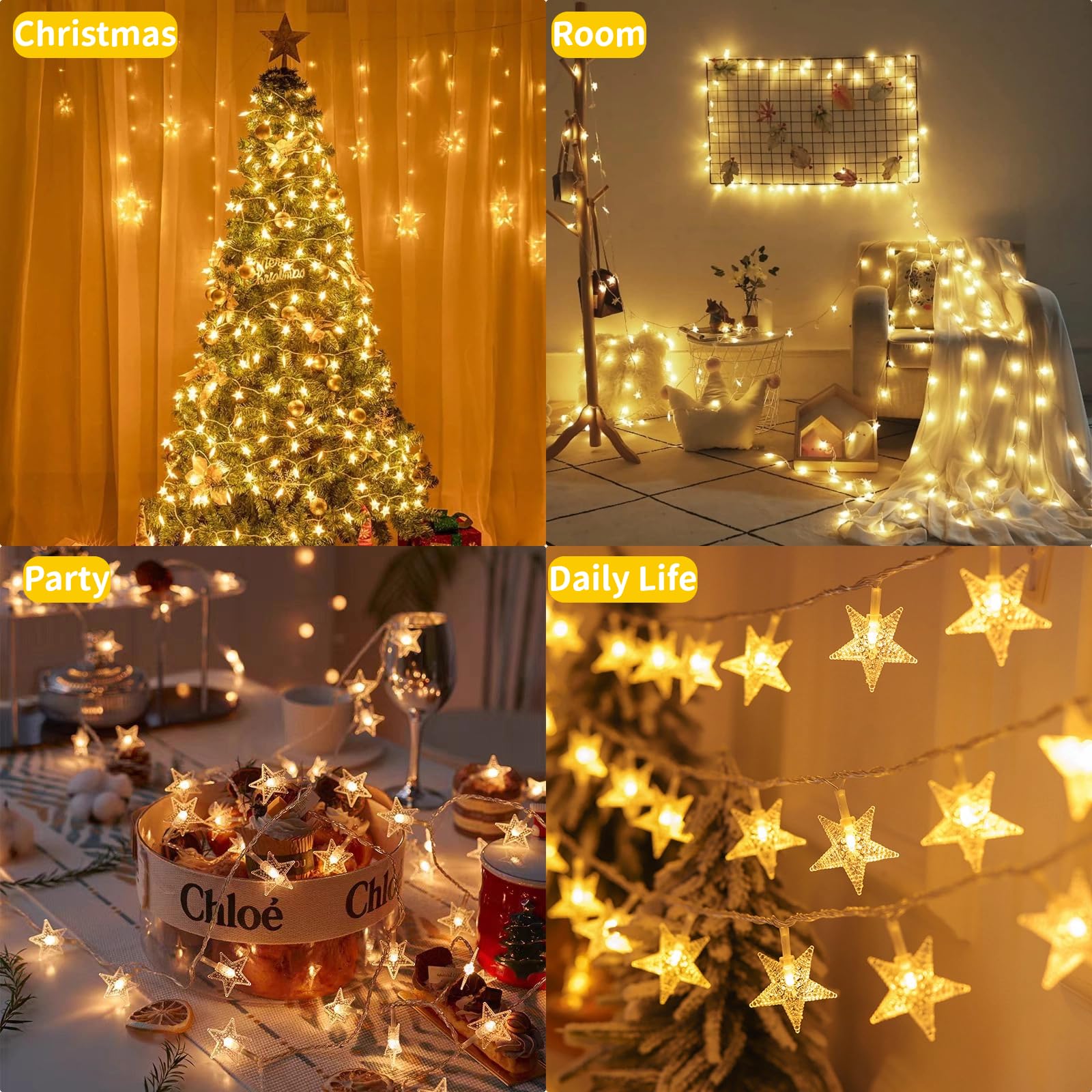 Yoitomehy Star String Lights, 17 ft, 50 LEDs, Battery Operated, Warm White, Model yunc601, Ideal for Bedroom, Wedding, Patio Decor