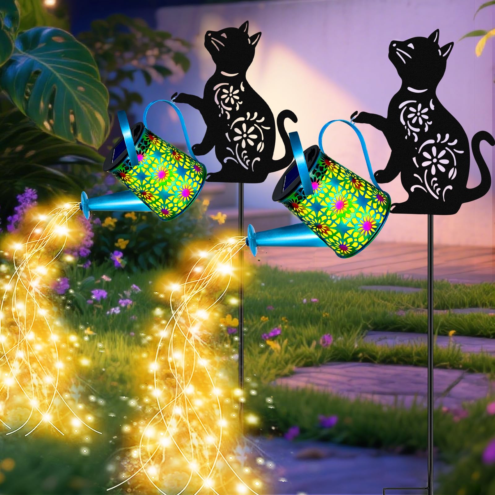Black Cat Solar Watering Can Lights  Birthday Gifts For Women Mom Christmas  Yard Decorations Outdoor Waterproof  Blue Metal Hanging Lantern Solar Lights Garden Decor Patio Pathway  2 Pack