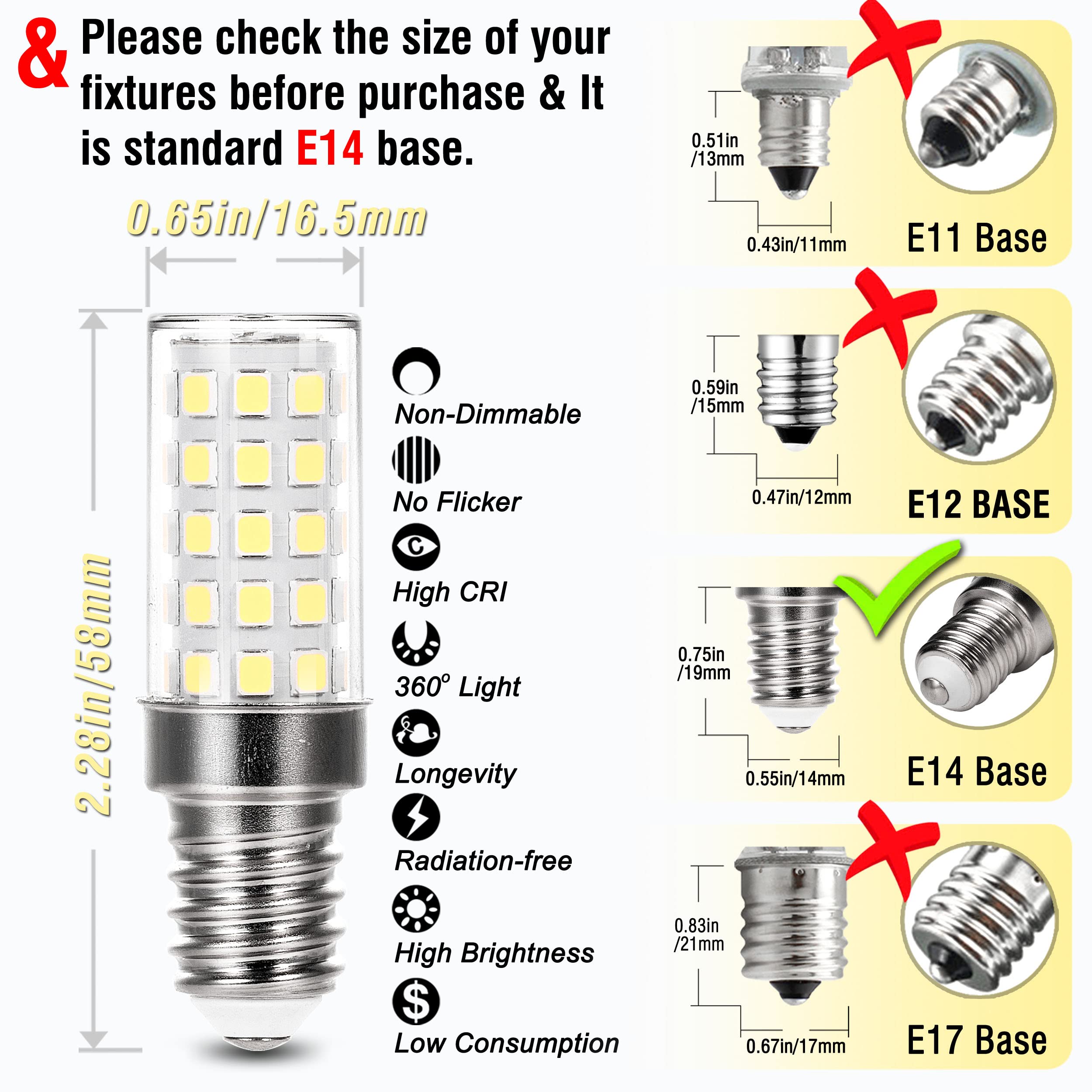 Alide E14 Led Bulbs 4W Equal 40 Watt Candelabra Bulbs 0.65*2.28 Inch,120V To 220V, 6000K Daylight Bright White E14 European Base