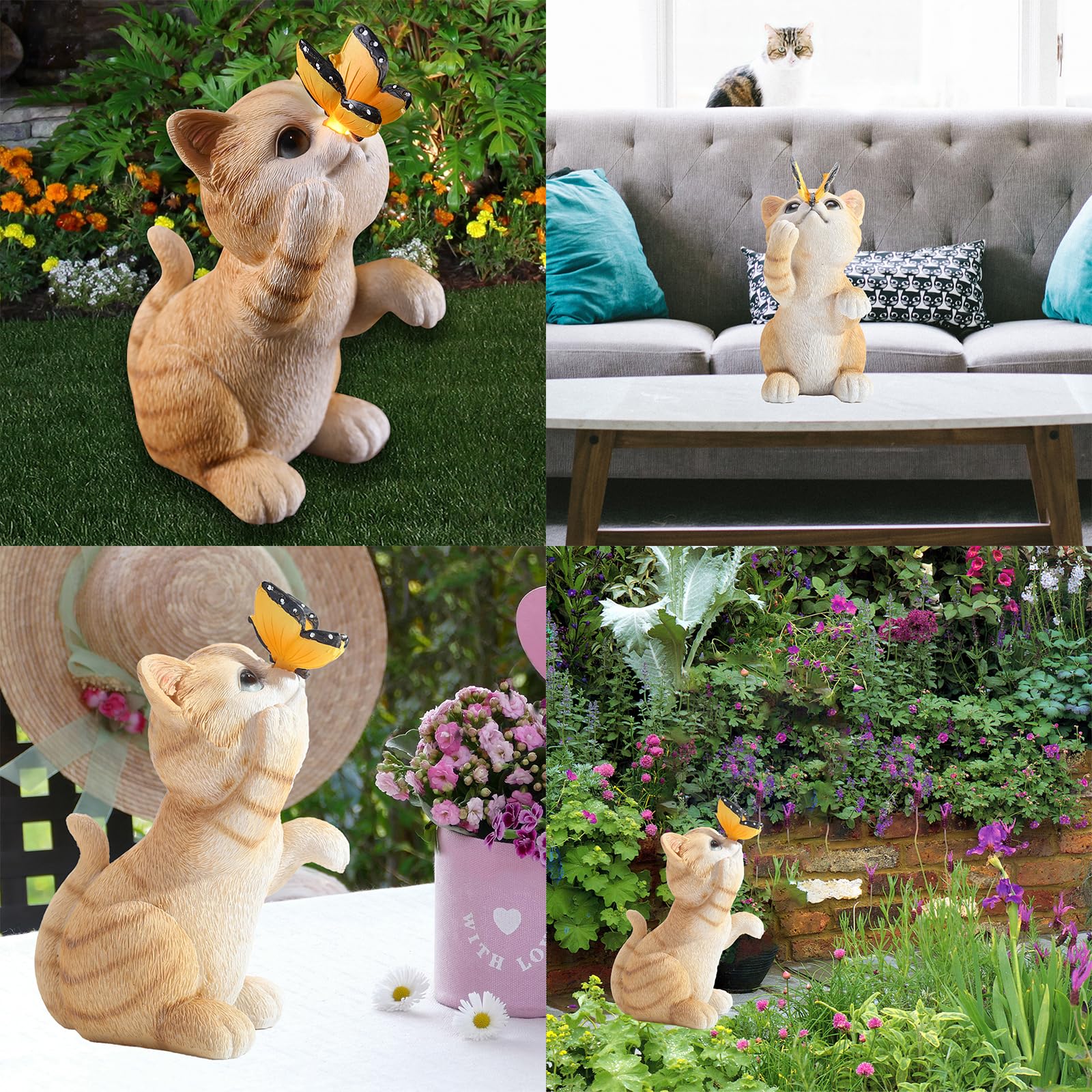 Halpssfm Solar Garden Statue Cute Cat Figurine Fun Color Changing Led Butterfly Light Outdoor Decor Waterproof Resin Sculpture P