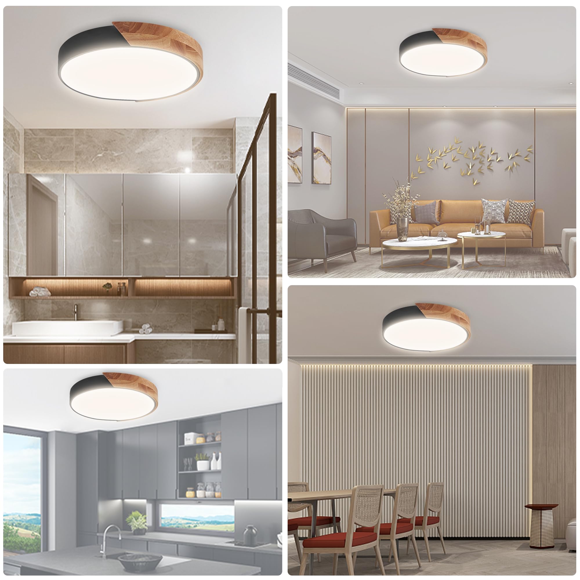 Wood Led Flush Mount Ceiling Light  3Cct 3000K-6500K Modern Black Close To Ceiling Lighting Fixtures  Minimalist Round Ceiling Light For Bedroom  Kitchen  Hallway  Laundry Room  Not Dimmable
