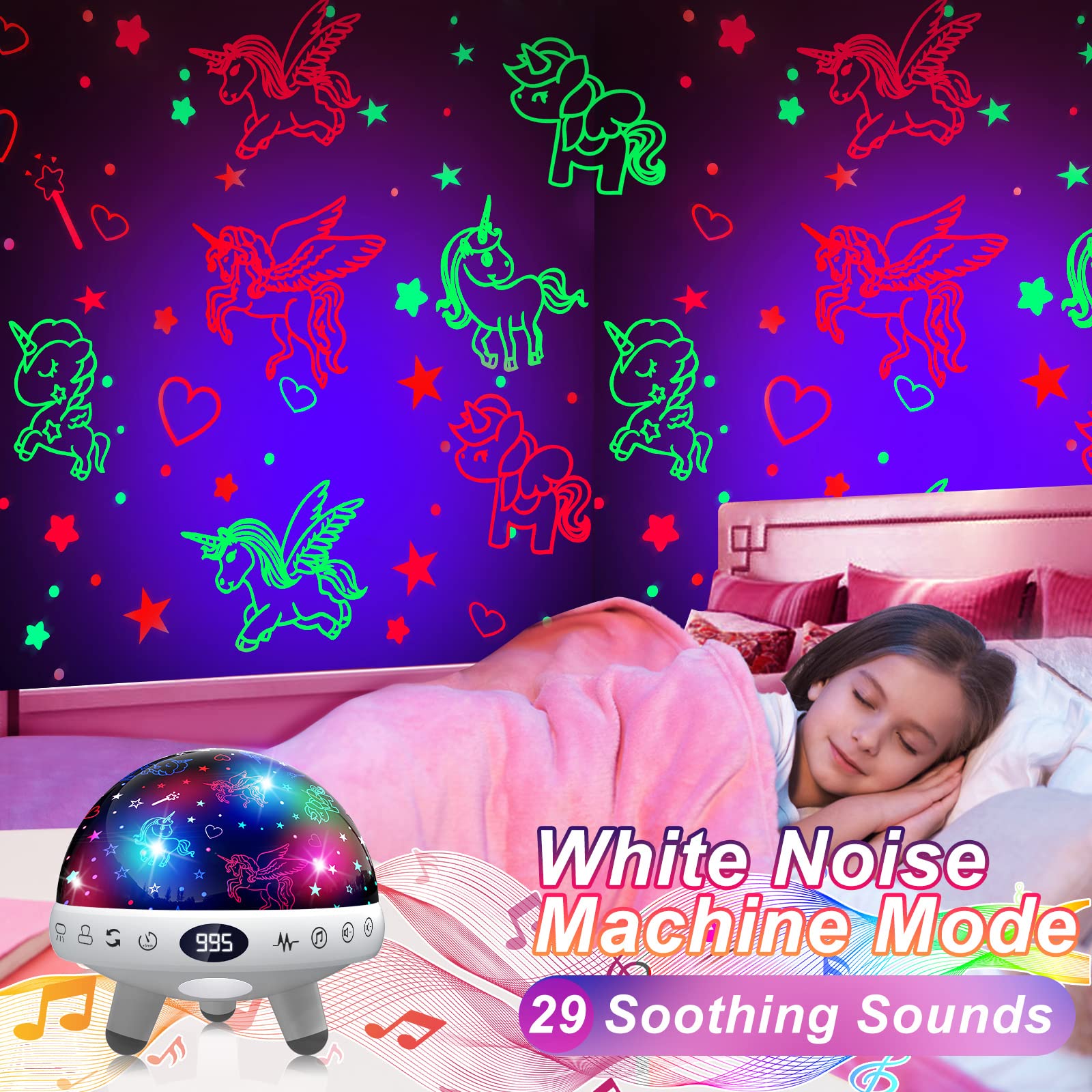 YACHANCE Unicorn Night Light Projector & Sound Machine for Girls, White, 29 Sounds