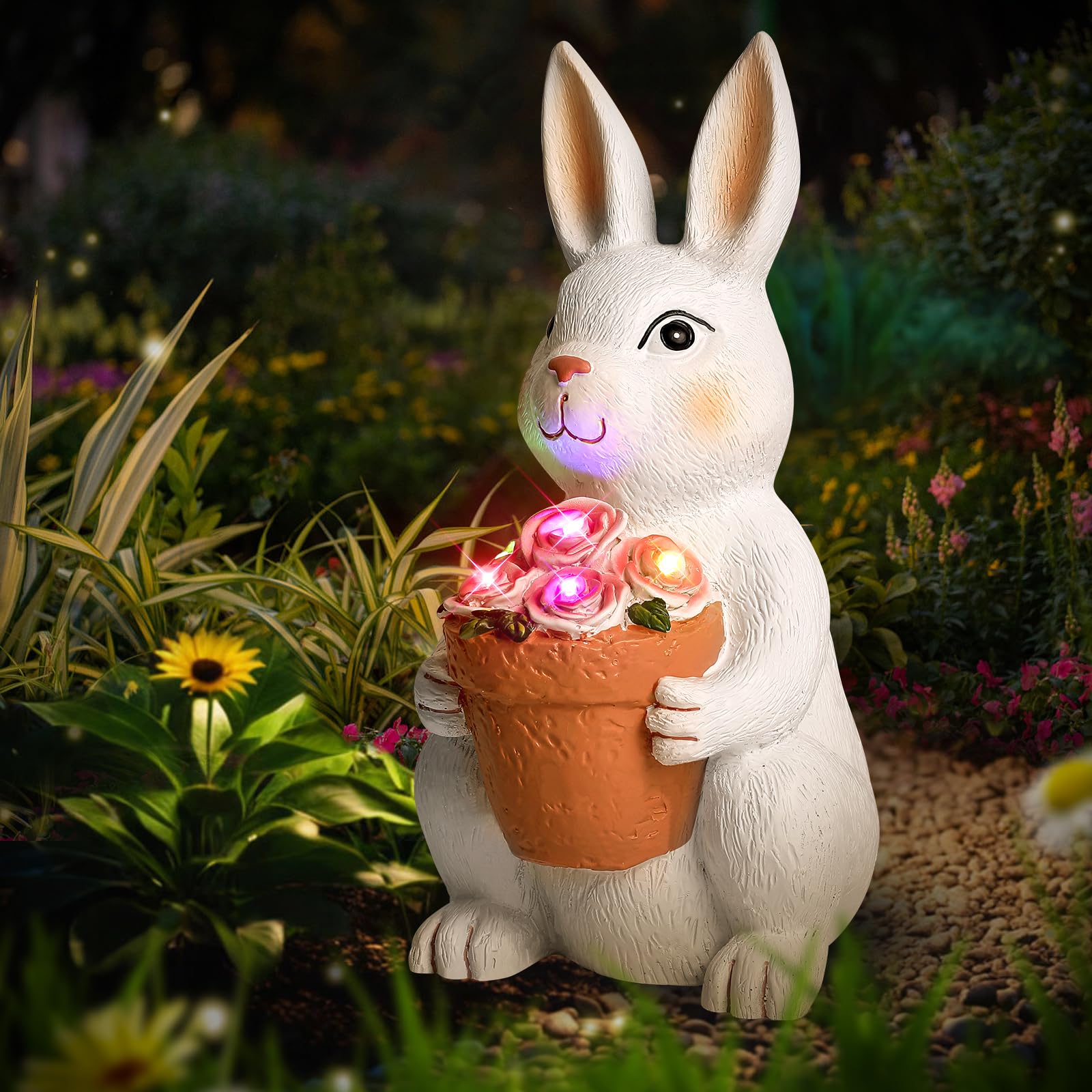 Brightever Solar Powered Outdoor Garden Statues- Rabbit With Flowers And 5 Colorful Led Lights, 11.8In Outdoor Figurine Lights,