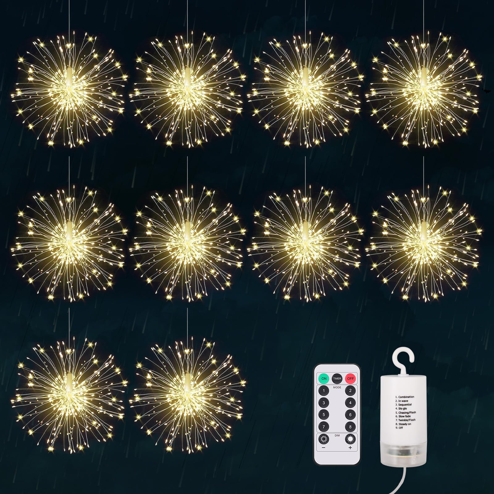 KIKILIVE Firework Lights,10 Pack LED Copper Wire Fireworks Lights Fairy Lights Christmas Hanging Dimmable String 8 Modes Waterpr