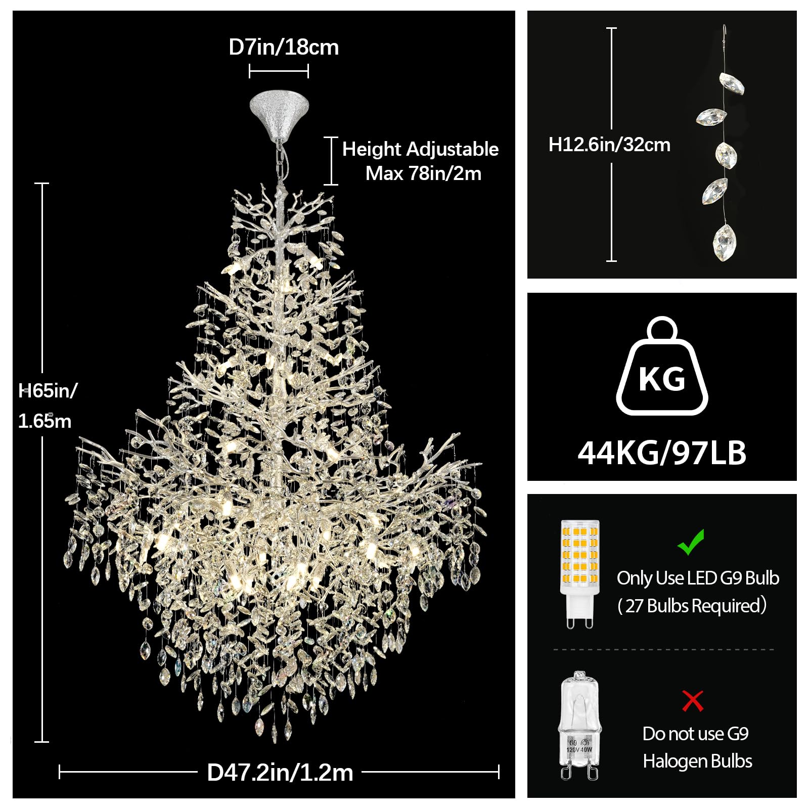 Kvtinmty H65'' Silver Tree Branch Crystal High Ceiling Chandelier, Modern Crystal Staircase & Foyer Chandelier For Large Living