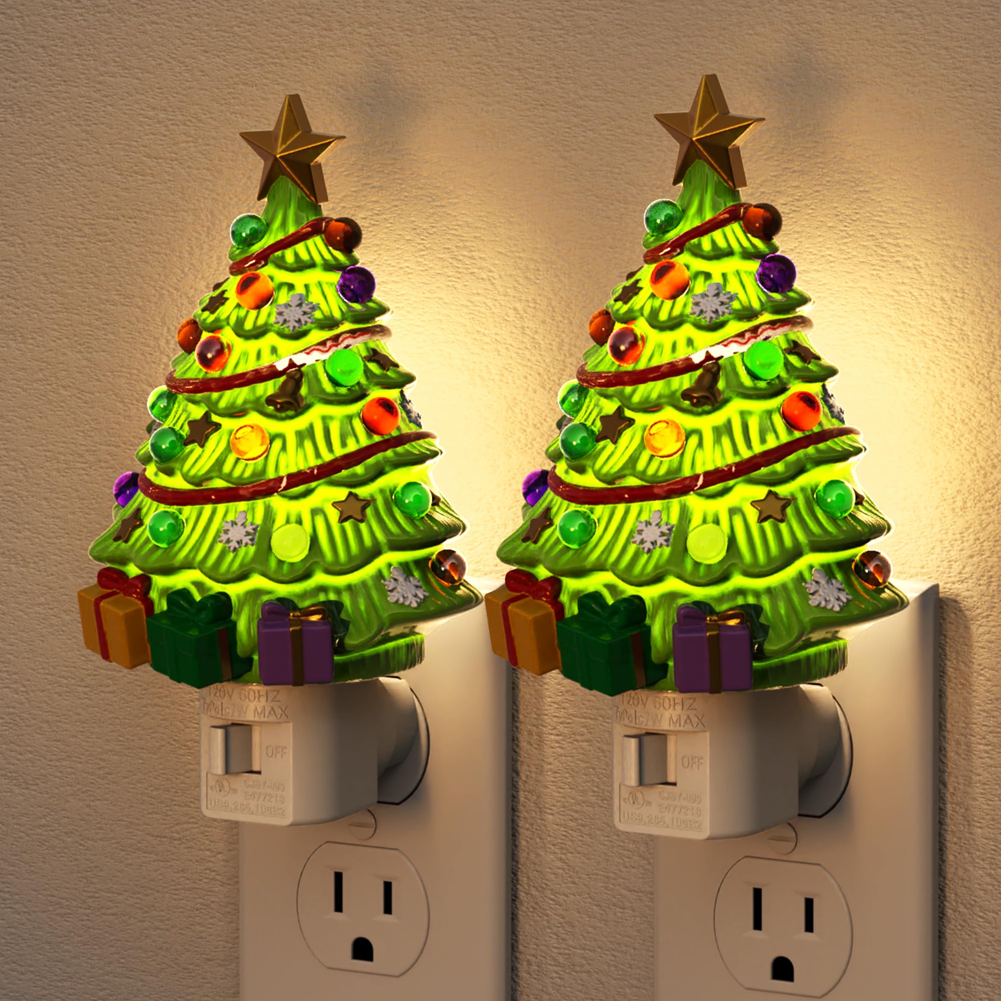 JandCase Christmas Tree Night Light, 2 Pack 3000K Night Lights Plug into Wall,Cute & Funny Ceramics Night Light for kids,Plug in