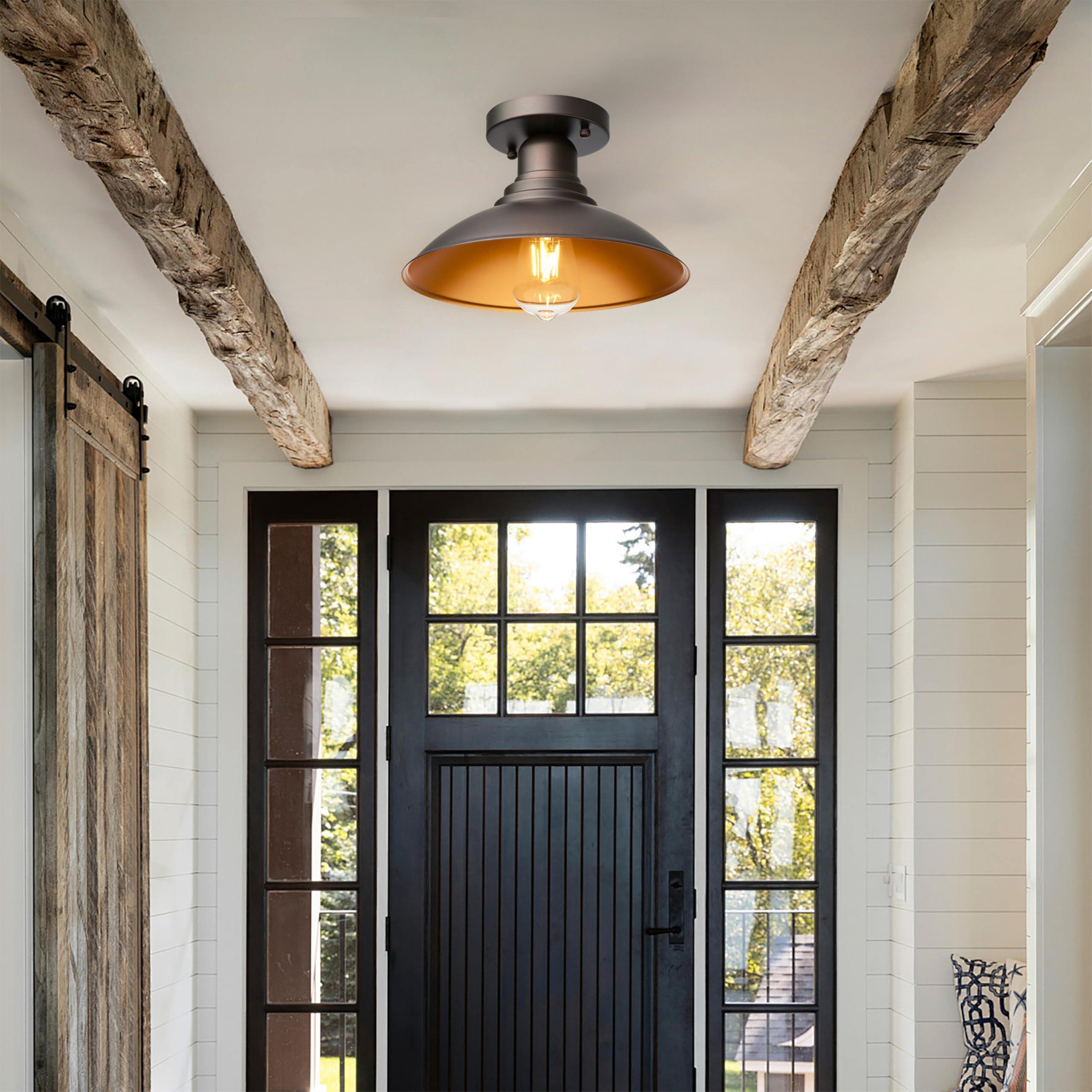 FLALINKO Outdoor Semi Flush Mount Porch Light, 9" Metal Ceiling Light, Oil Rubbed Bronze with Gold Accents, E26 Socket, Model F222003