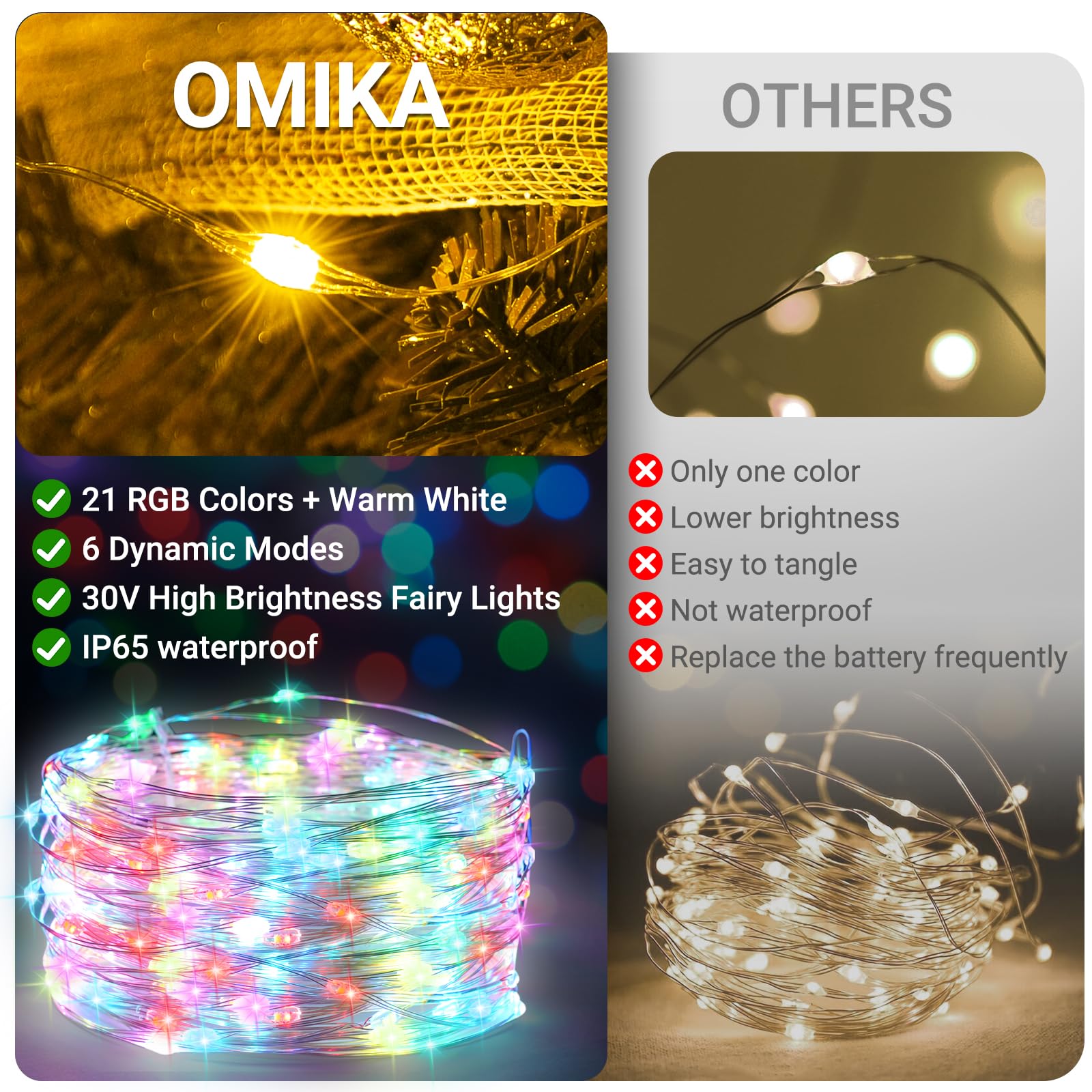 OMIKA 50FT Fairy Lights, 150 LED Color Changing Twinkle Lights, IP44 Waterproof, Remote Control, 24 RGB + Warm White, Model DY-OA08-1