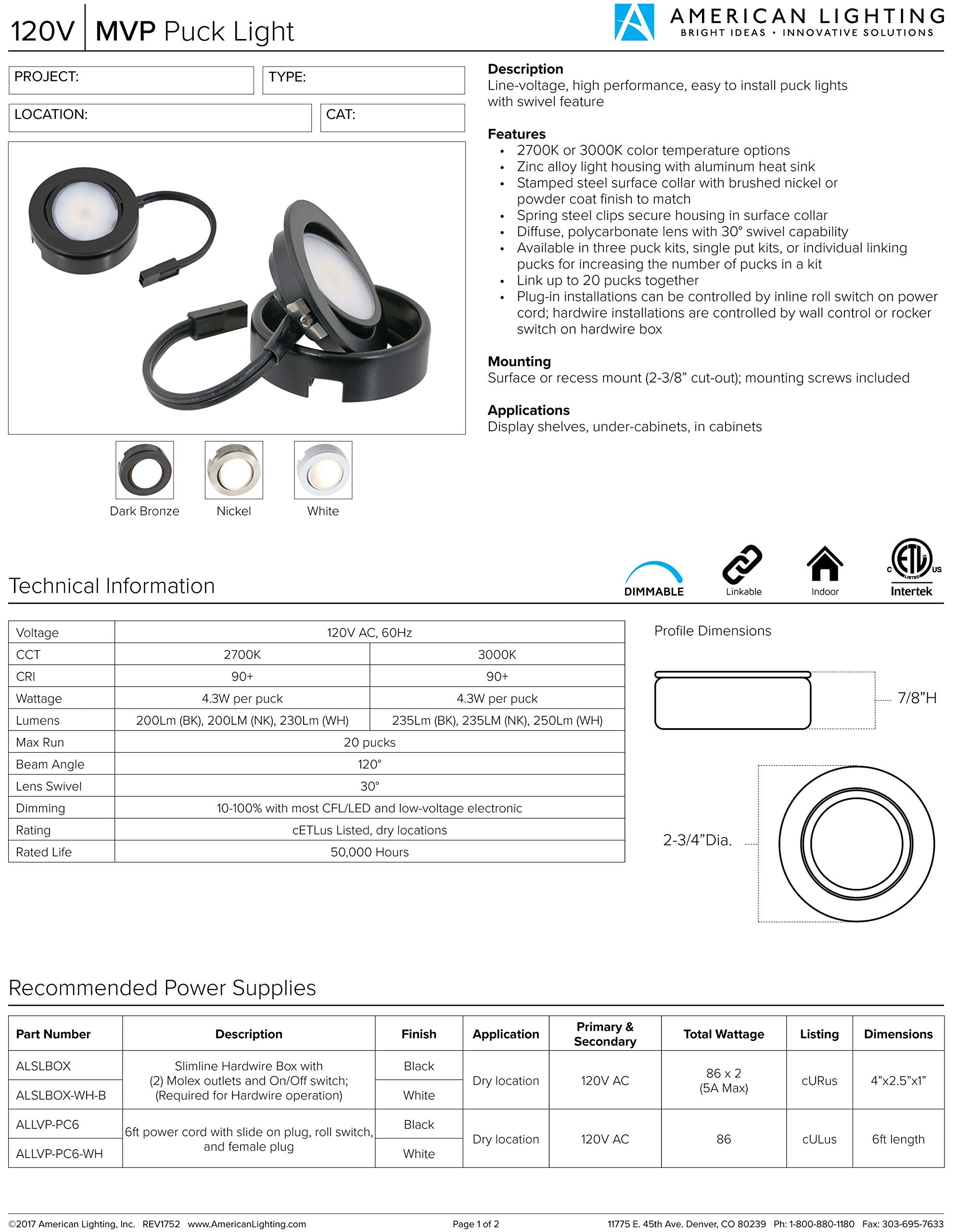 Mvp Three Puck Kit, Easy To Install Dimmable Swivel Puck Lights, Linkable, Cetlus Listed, 2-3/4-Inch Diameter, 4.3-Watt, 2700K W