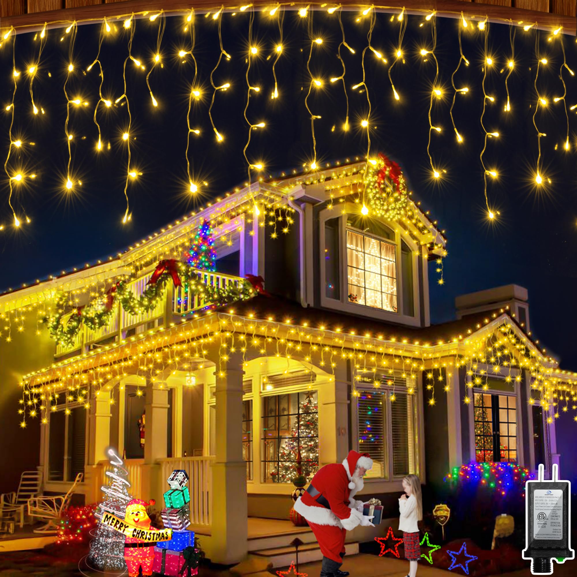 WUXYIYANG 1296 LED Christmas Lights, 288 Drops, 131FT Outdoor Waterproof String Lights, 8 Modes, Warm White