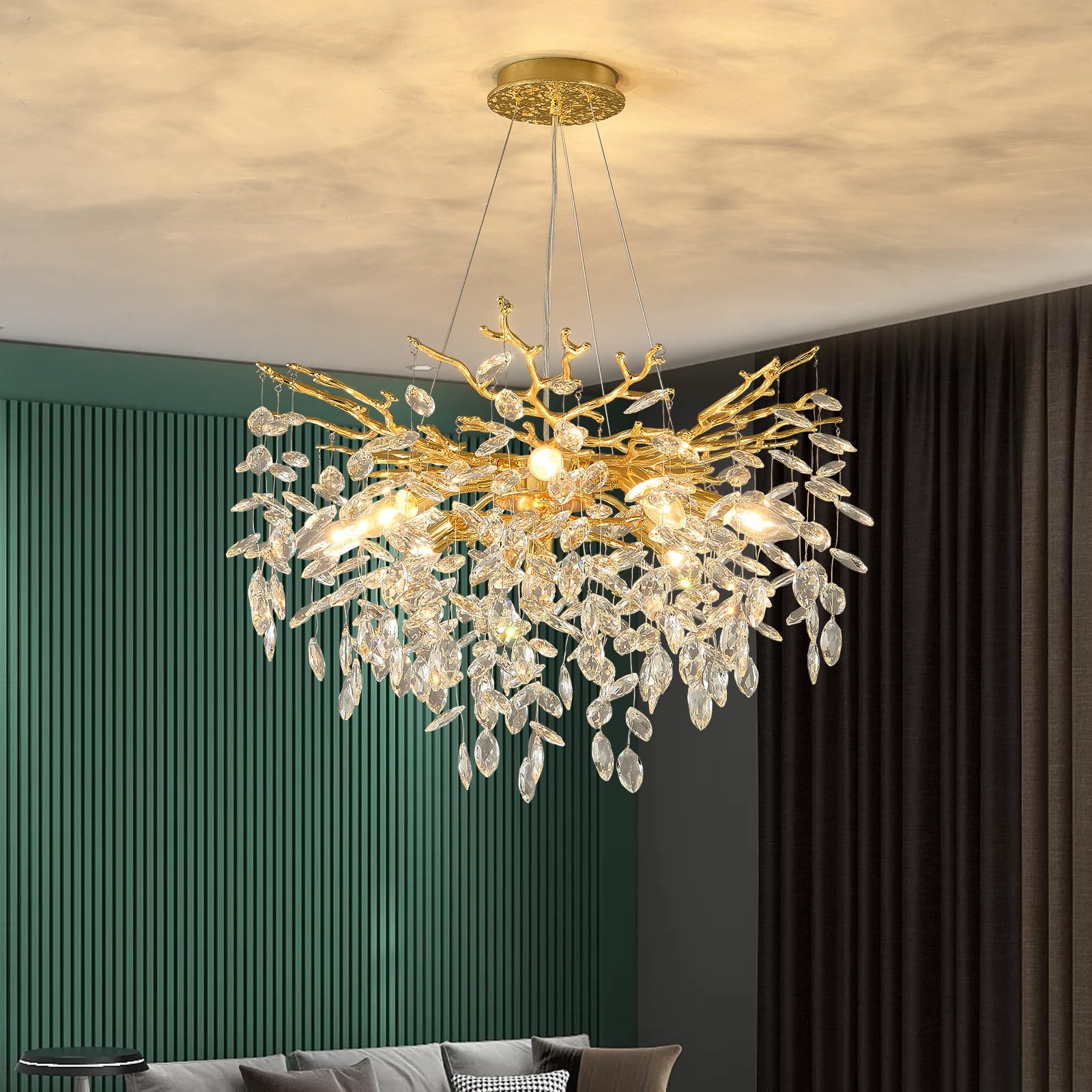 EGM Gold Crystal Chandelier, 24-Inch 8-Light Metal Raindrop Light Fixture for Dining Room, Bedroom, Foyer - Model C-1