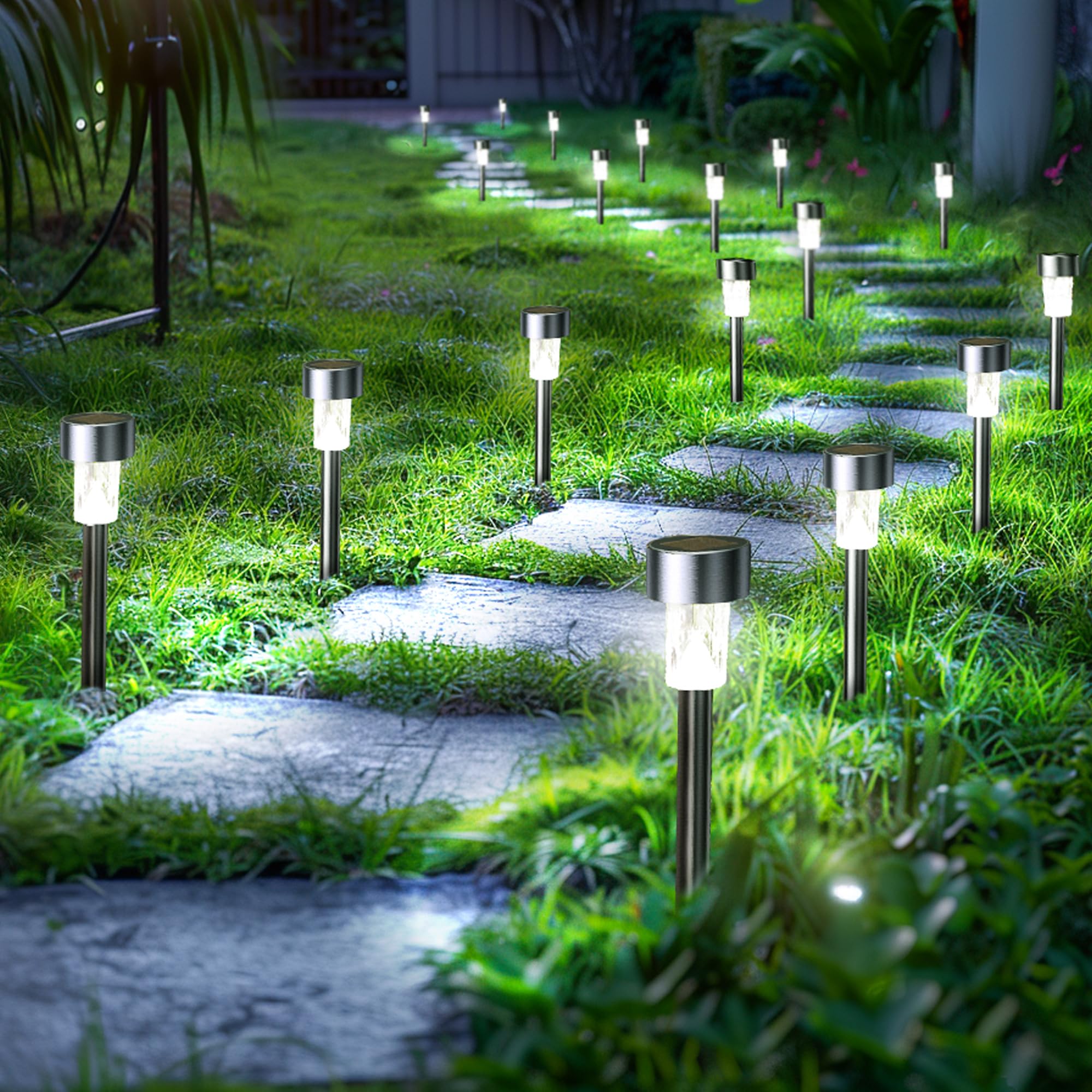 GIGALUMI Solar Path Lights 24 Pack, Waterproof Stainless Steel LED, Cold White
