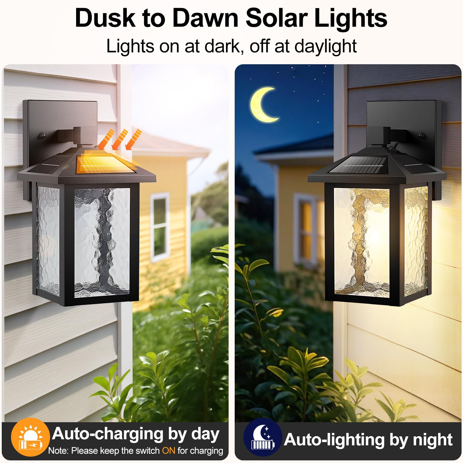 BesLowe Solar Wall Lights Outdoor, Dusk to Dawn LED Sconce, 3000K/5000K Adjustable, Black, 2-Pack, Model YM-3161