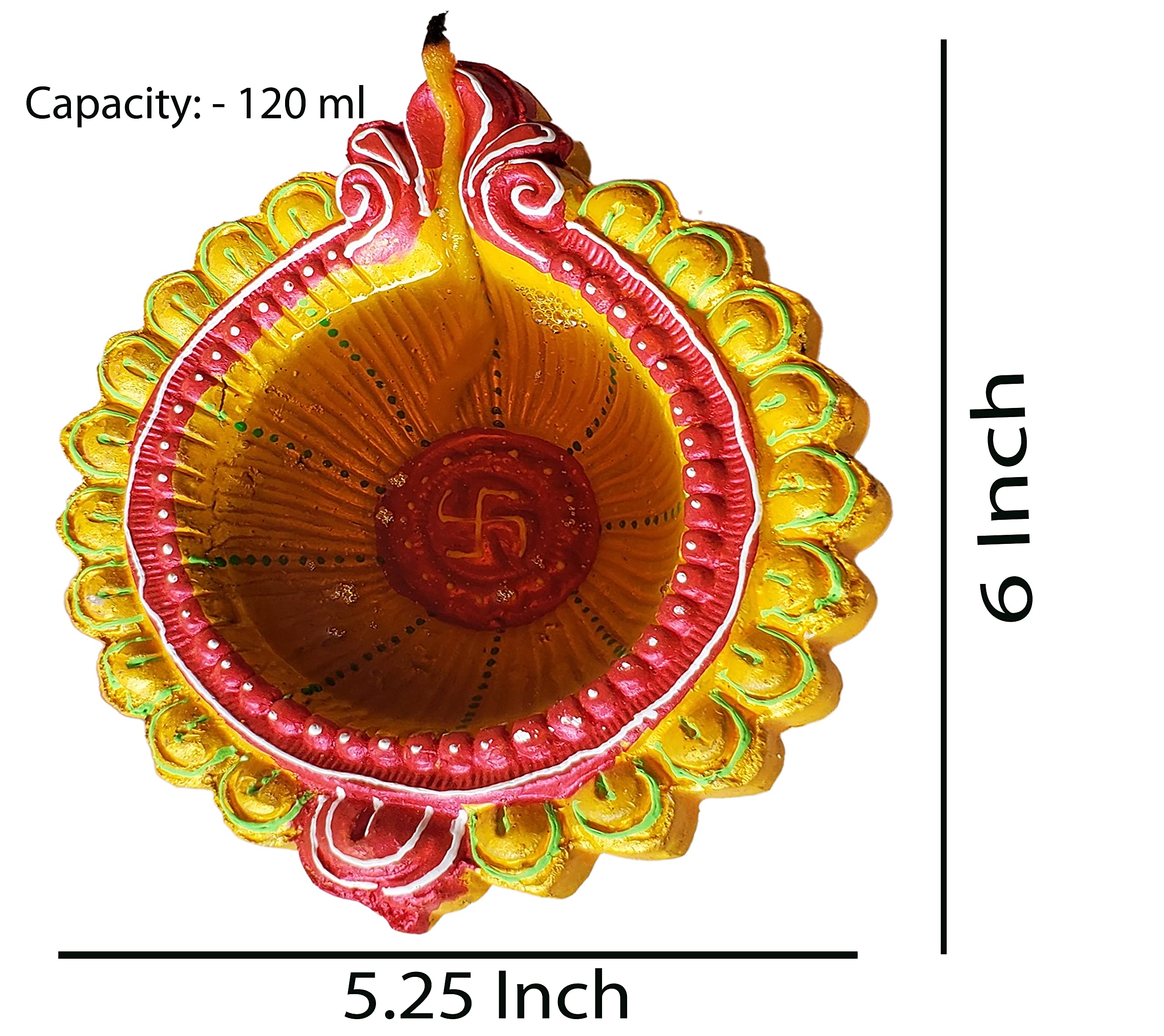 Pure Source India Hand Made Clay Diya for Diwali Decoration, Big Size Deepak, 1 Piece, Multicolor (Color: As Per Availability)