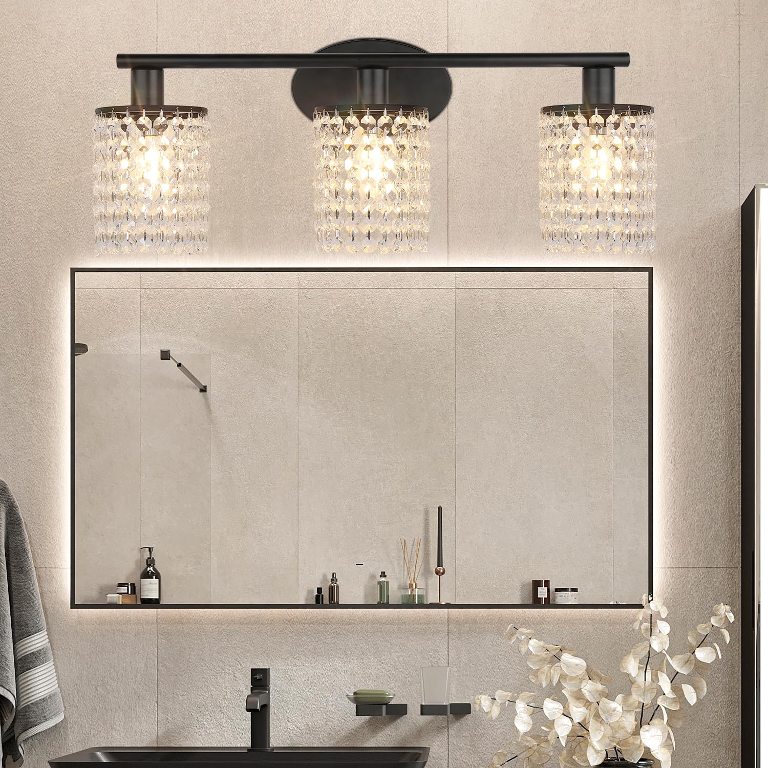 TISLYCO 3 Light Bathroom Vanity Fixture, Crystal Drop Wall Lamp, Black Metal