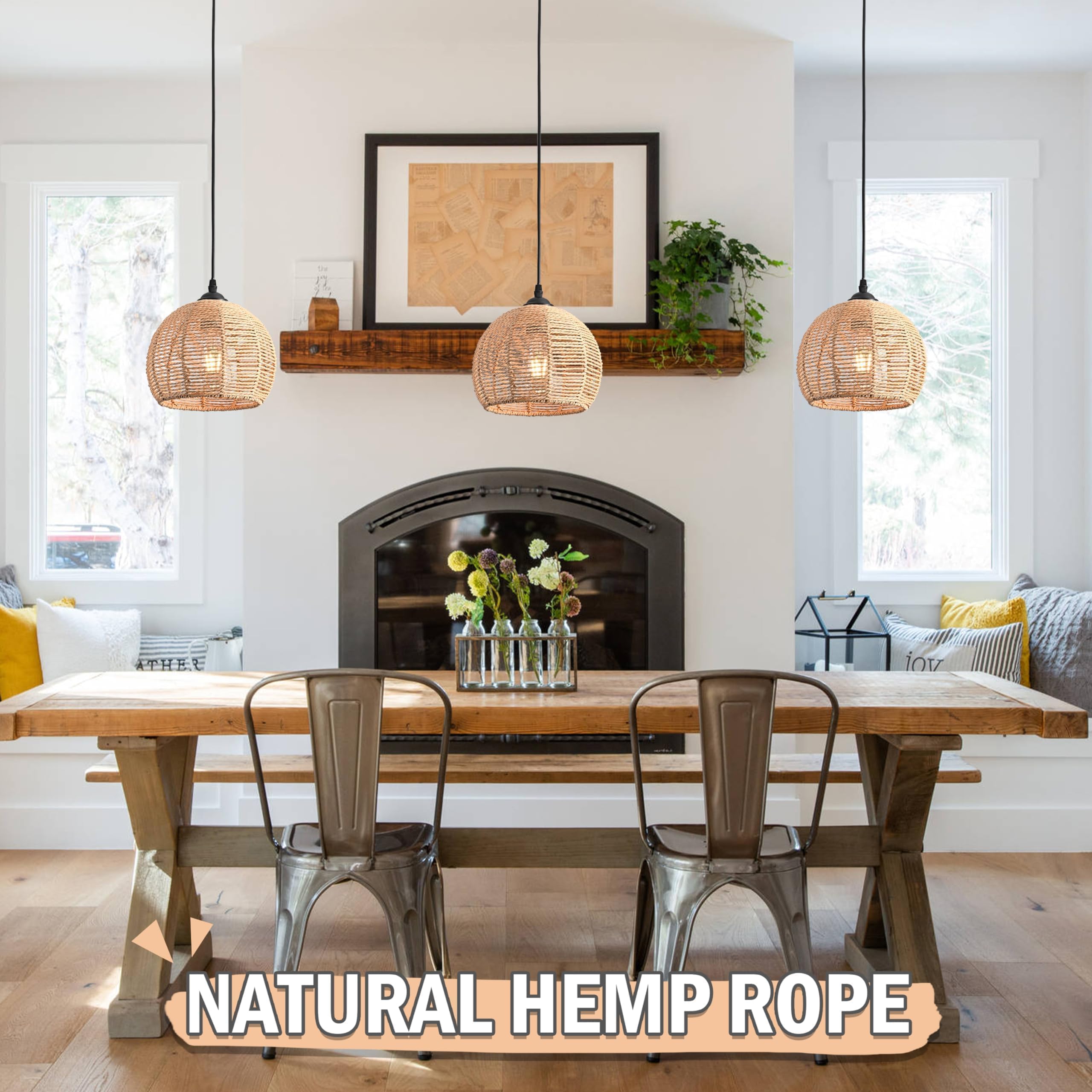 Ayshwilldec 3-Pack Natural Woven Wicker Pendant Lights, Boho Chandelier For Dining Room & Kitchen