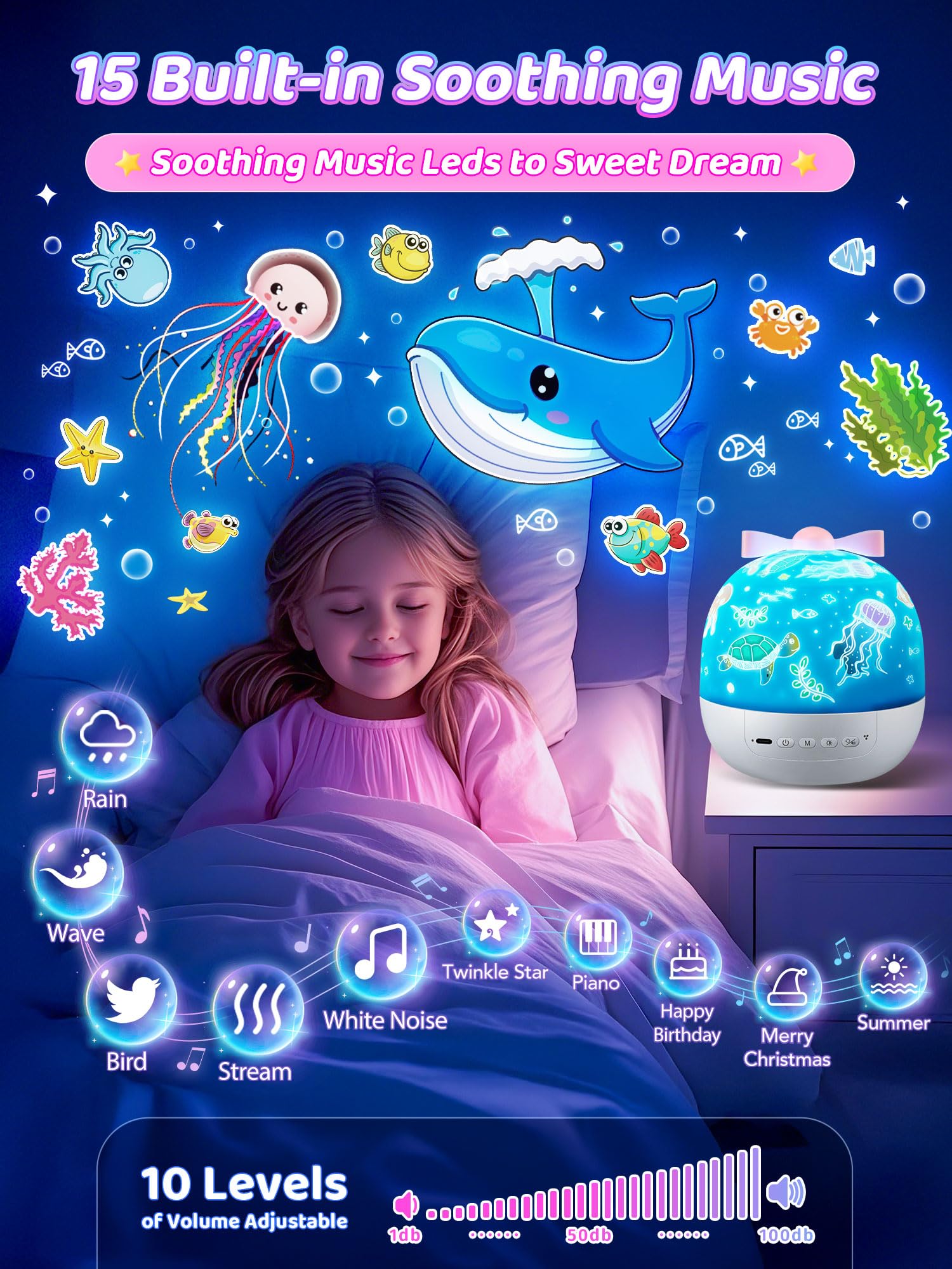 PIKOY Kids Toys for Girls Gifts, 15 Films Light Projector for Girls Toys Age 6-8, 15 Soothing Music for Kids Toys 0-10,Star+Unic