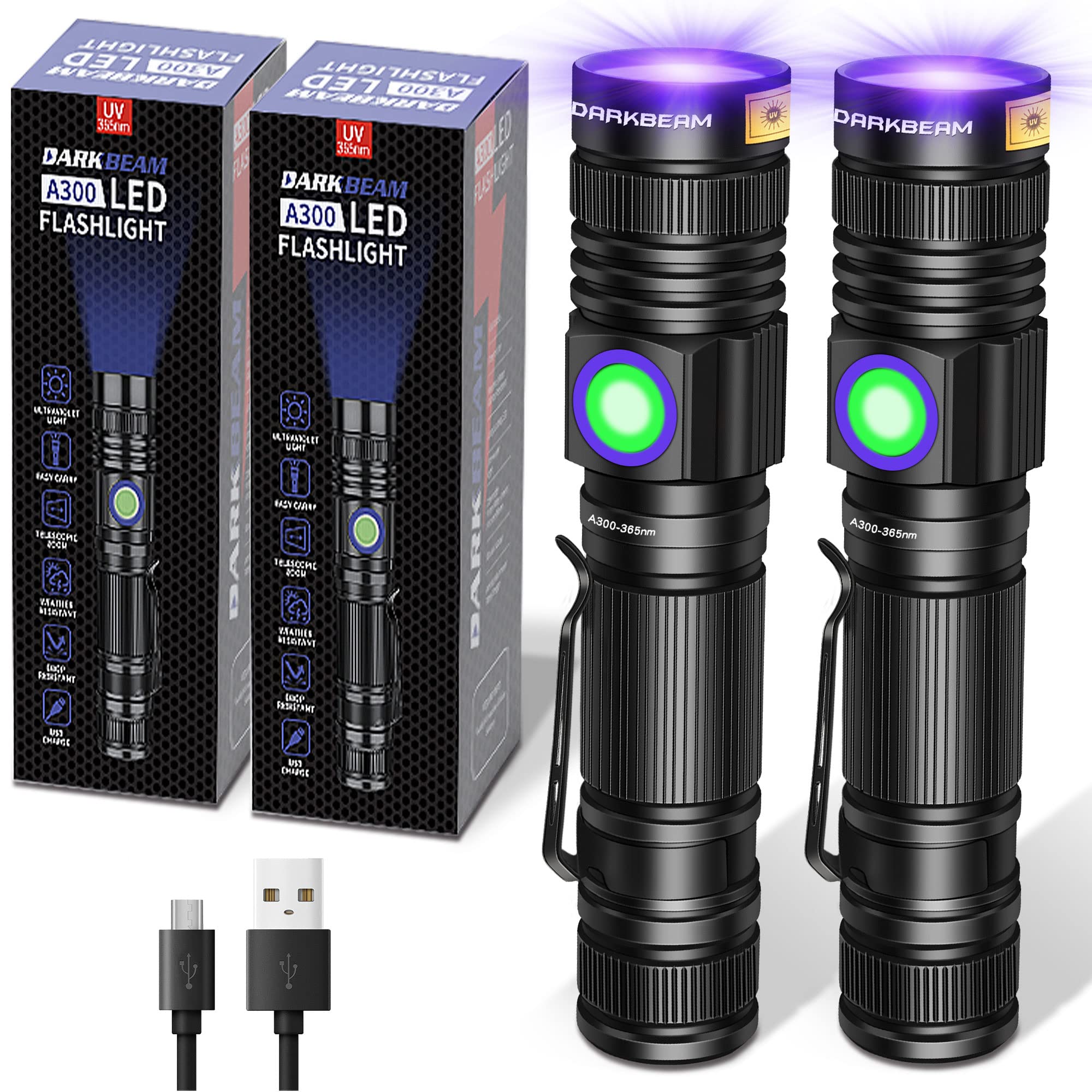 DARKBEAM UV 365nm Flashlight Blacklight Rechargeable USB Woods lamp Handheld Ultraviolet Black Light LED Portable  Pet Urine Detector  Resin Curing  Appraisal  Fluorescent Detection  2 Pack-New
