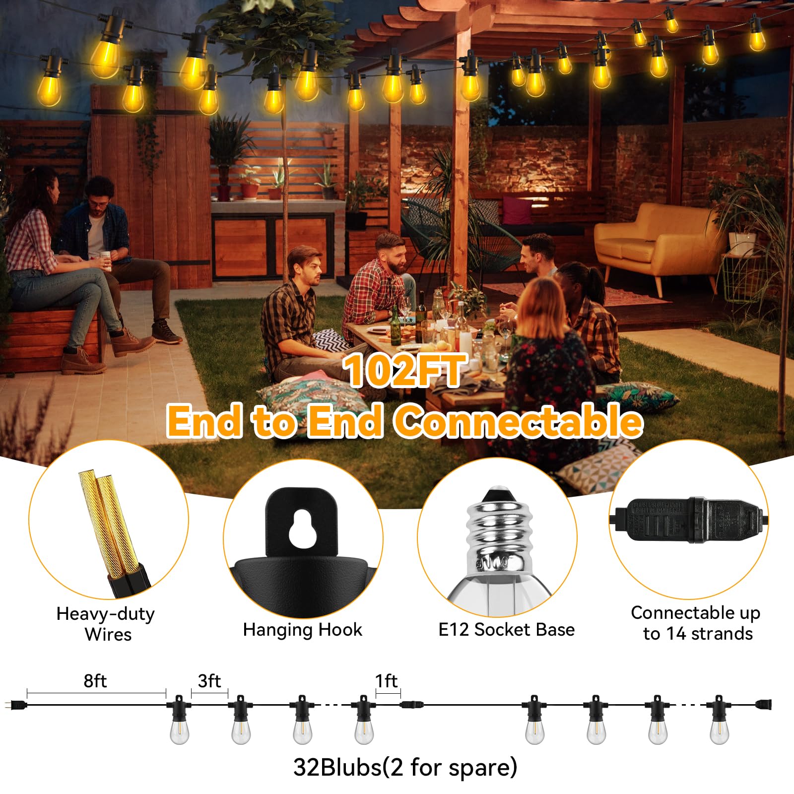 Aialun Outdoor String Lights, 102ft Waterproof LED Patio Lights with 32 Shatterproof Bulbs, Black 2200K S14 Model
