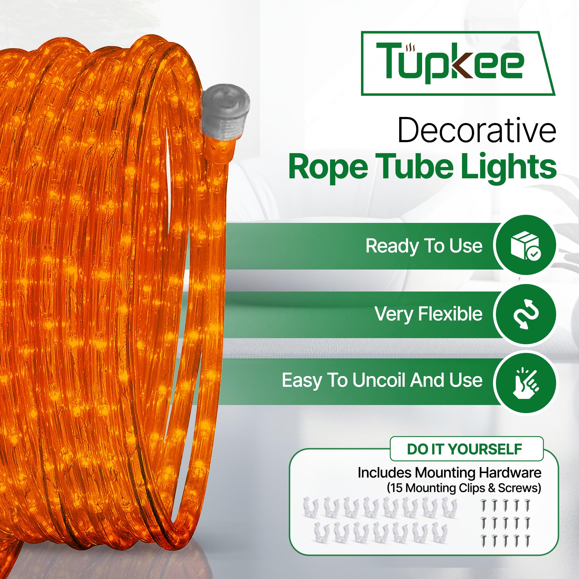Tupkee LED Rope Light - 24 Feet, 10MM Diameter, 144 Long Life Bulbs, Orange, Indoor/Outdoor Use, Model E237798, Pack of 2