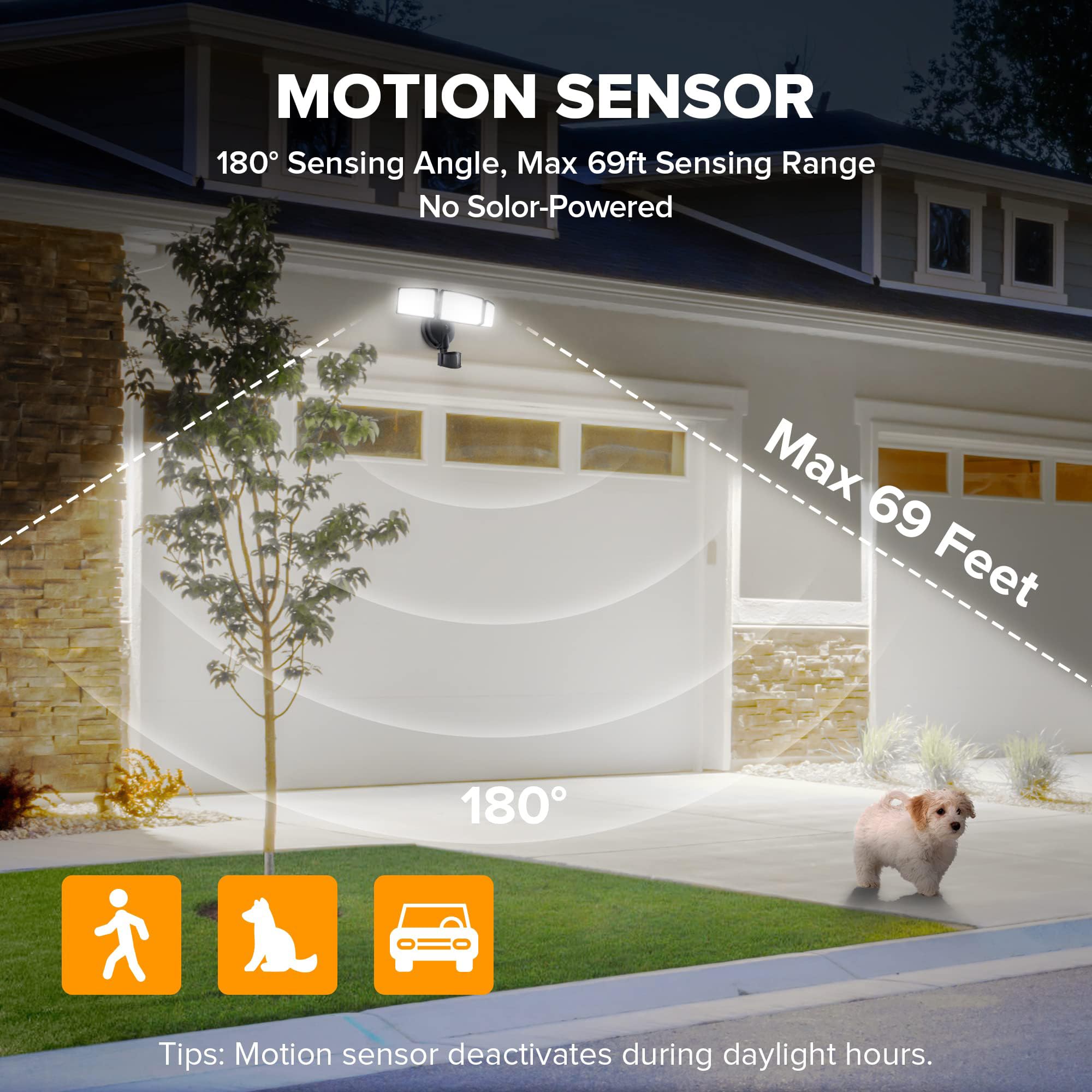 Lutec 72W Led Security Light, 6300Lm Motion Sensor, Ip65 Waterproof, 5000K Daylight, Black-3 Head, Ideal For Garage, Yard, Porch