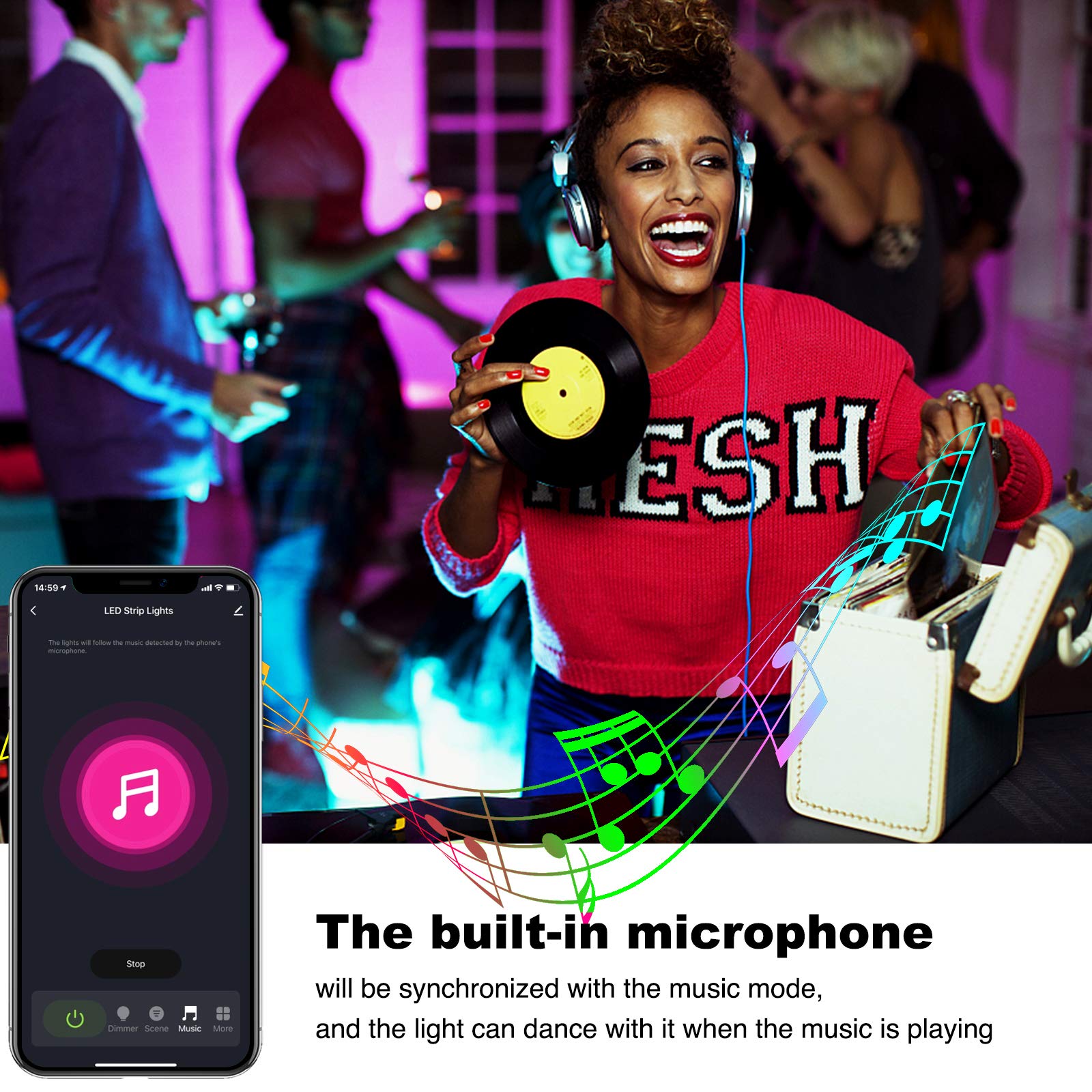 Phopollo 100Ft Led Lights For Bedroom Sync With Music, Led Strip Lights Compatible With Alexa And Google Home