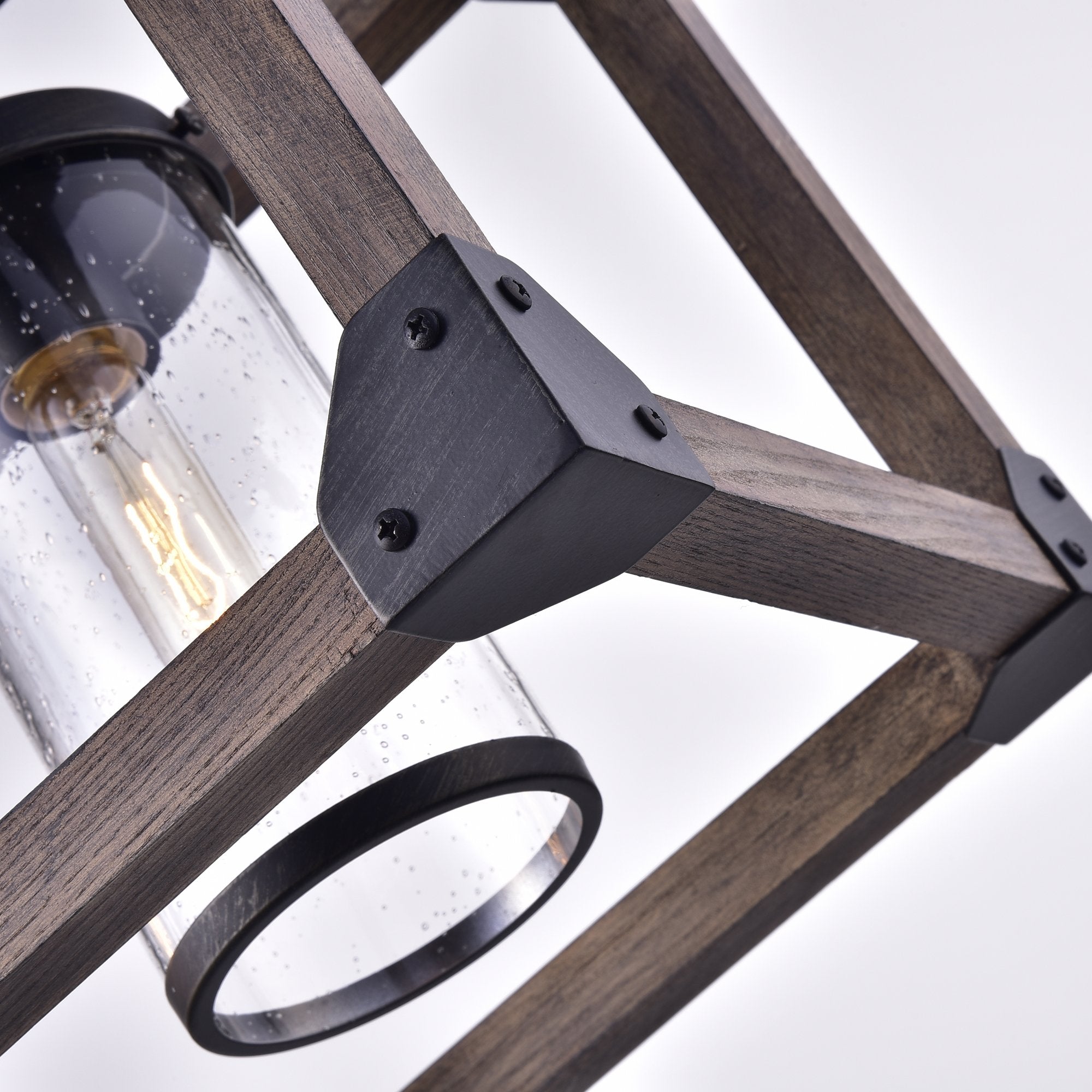 Jojospring Pendant Chandelier - Antique Black Metal and Wood with Bubble Glass Cylinders
