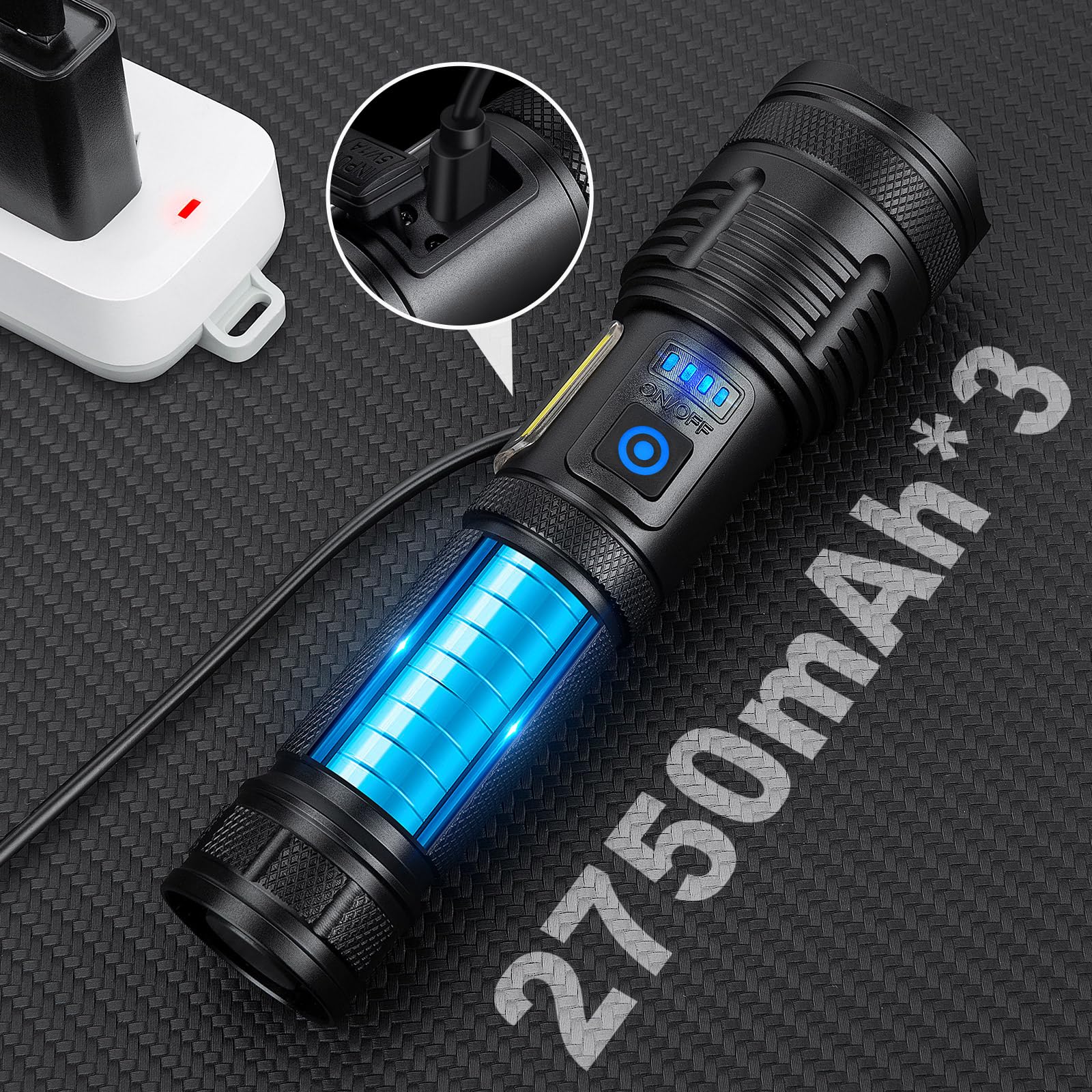 KINGCAESAR Rechargeable Flashlight 90,000 Lumens, 7 Light Modes, IPX7 Waterproof, Model P121, Black