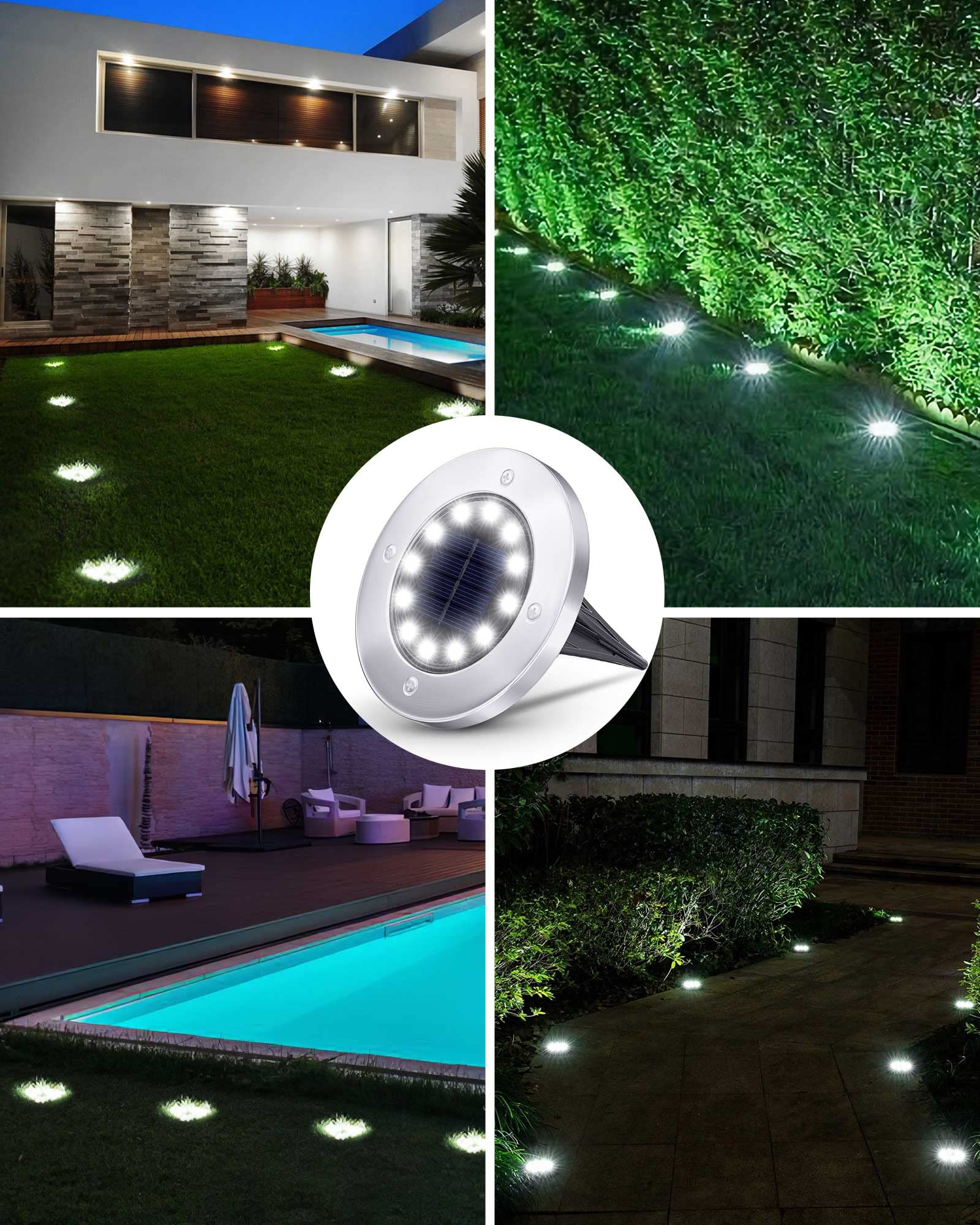 Biling Solar Ground Lights, 12 LEDs Waterproof, 8 Pack, Stainless Steel, White
