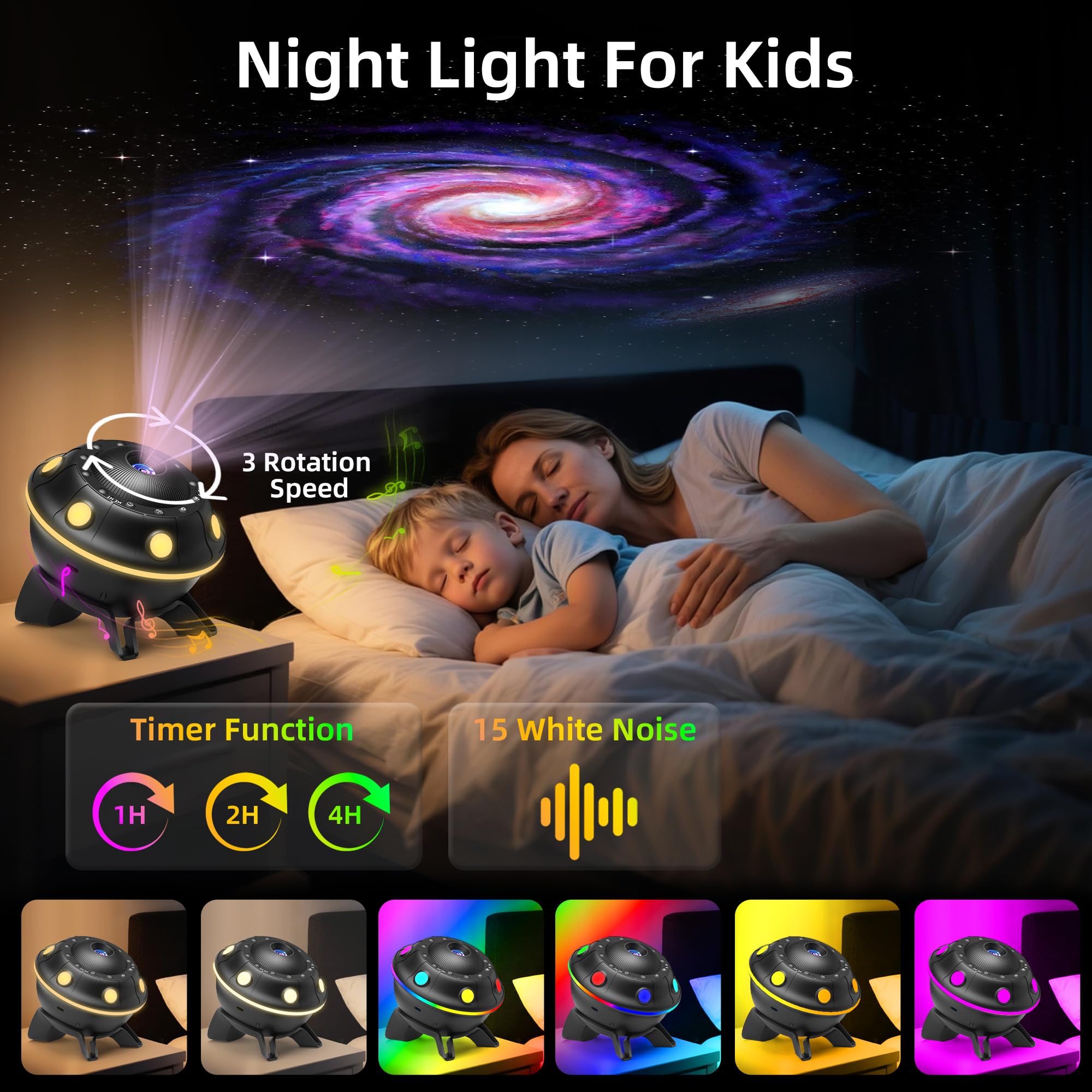 FlyEagle UFO Galaxy Projector - 12 HD Film Discs, Bluetooth Speaker, Timer, Gray, Model BL-E03