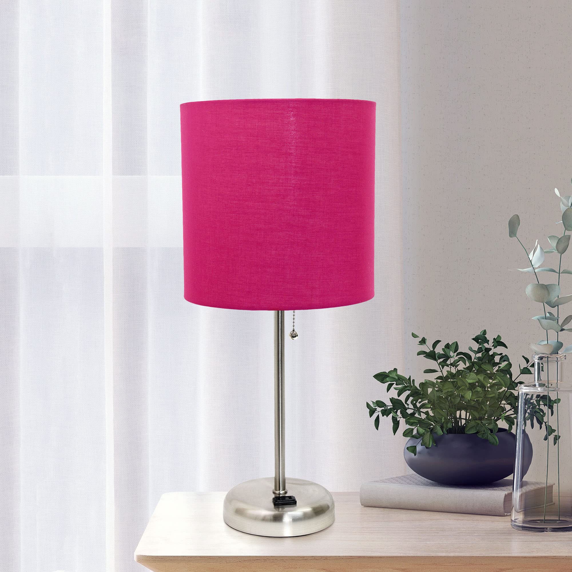 Creekwood Home 19.5&quot; Metal Table Lamp With Pink Shade & Power Outlet - Brushed Steel Finish