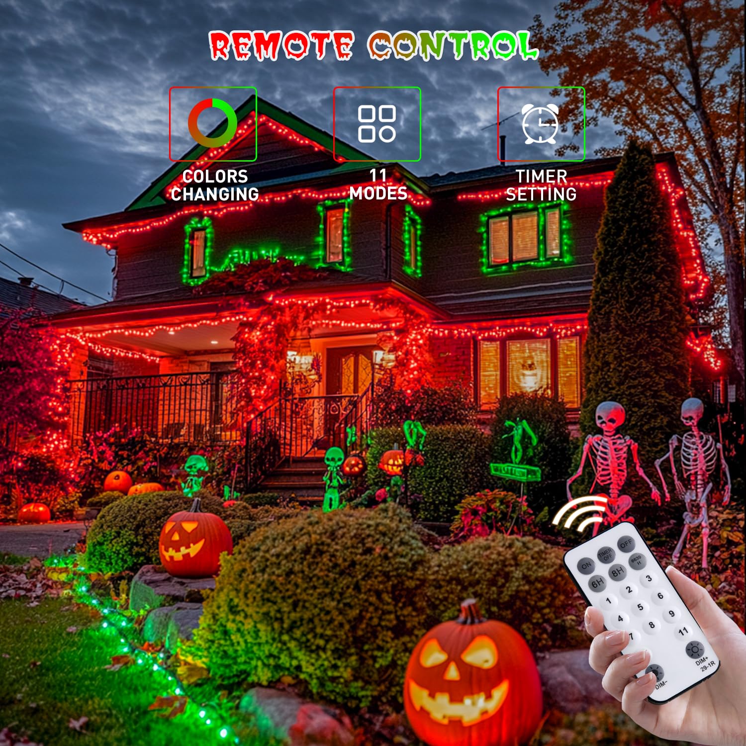 JMEXSUSS Halloween String Lights, 500 LED, 11 Modes, Red & Green, Plug-in, 173ft, for Indoor/Outdoor Party Decor