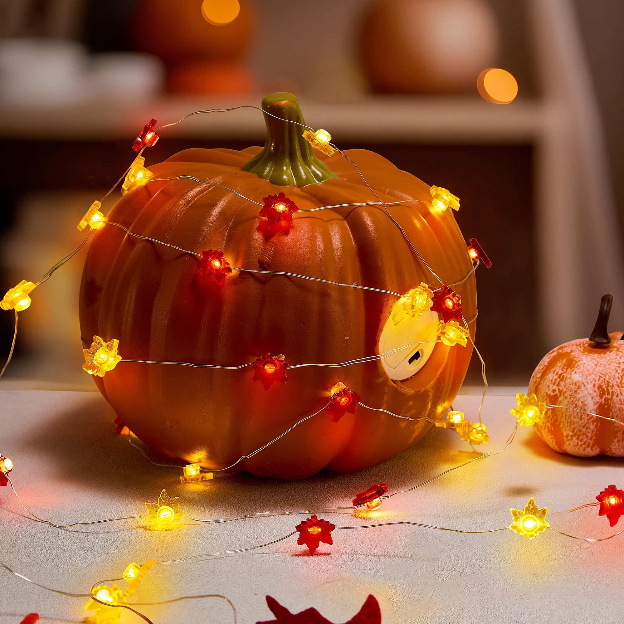 BlcTec 12.8FT 40 LED Maple Leaves String Lights, Battery Operated, Orange, Model BT-SL162, Indoor/Outdoor Fall Decorations