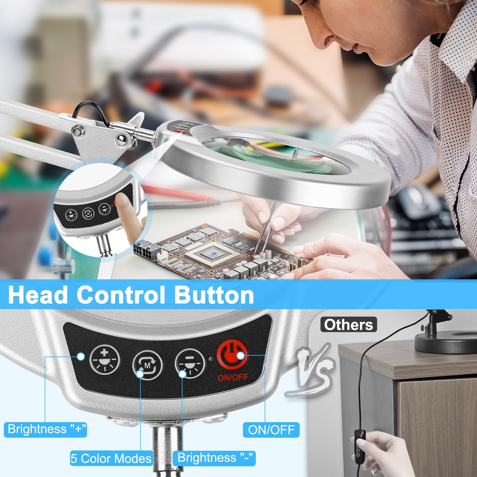 10X Magnifying Glass With Light And Clamp, Real Glass Stand Lighted Magnifier, 5 Color Modes Stepless Dimmable Led Desk Lamp Han